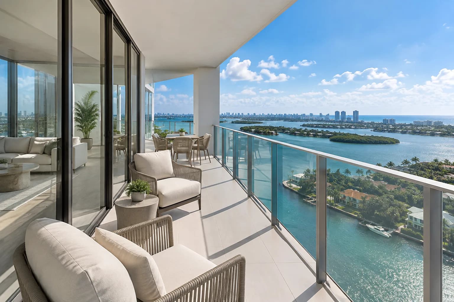 A condo balcony in Aventura with clean sliding doors and railing glass over the Intracoastal
