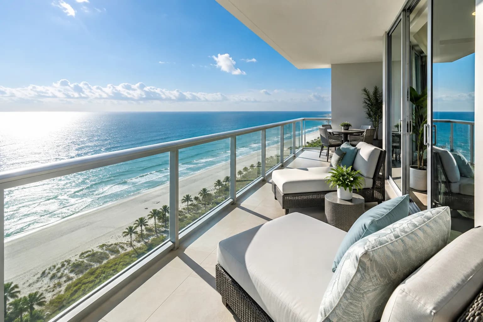 A Bal Harbour oceanfront condo balcony with clean sliding doors