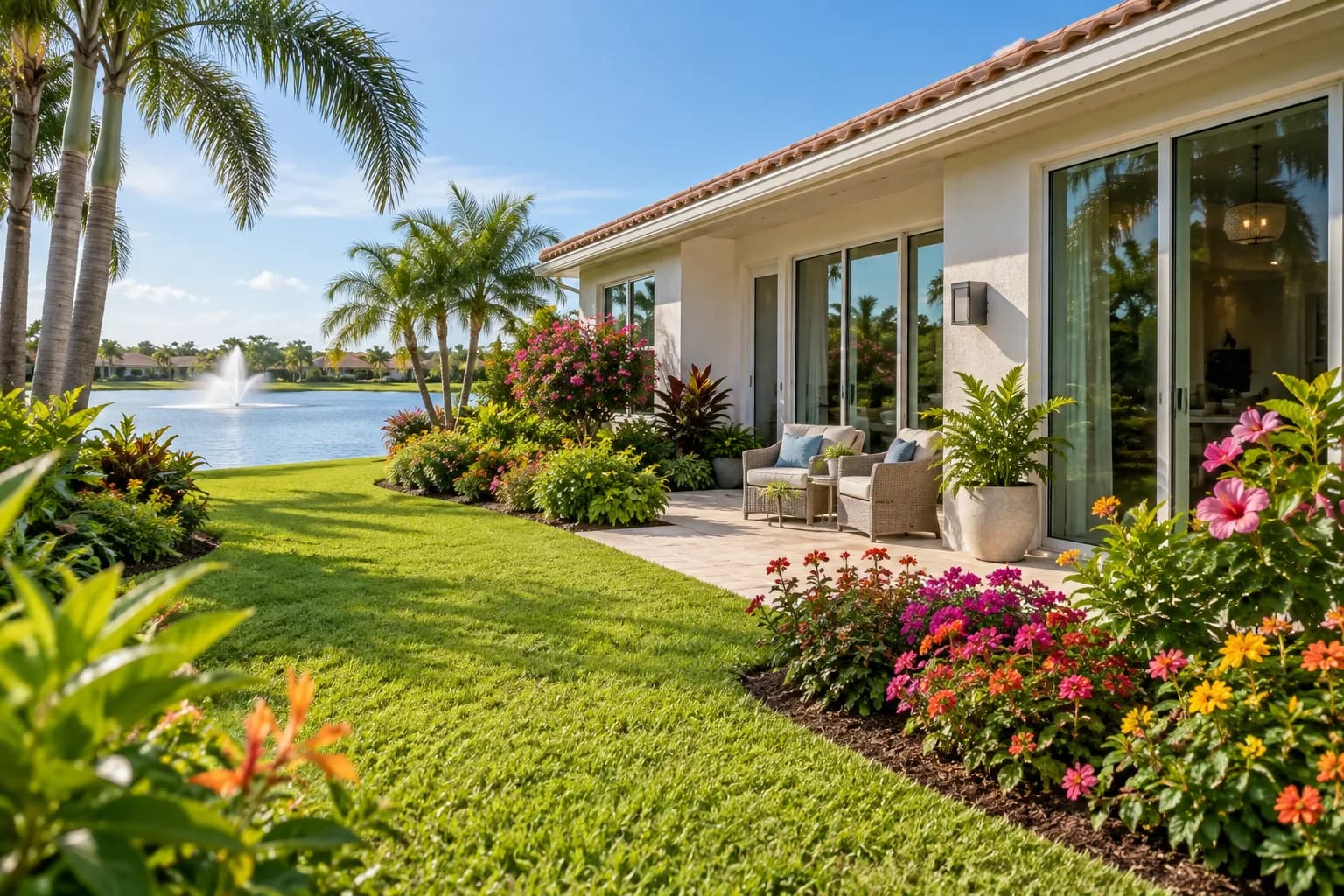 A Coconut Creek home with flowering landscaping and a lake behind it