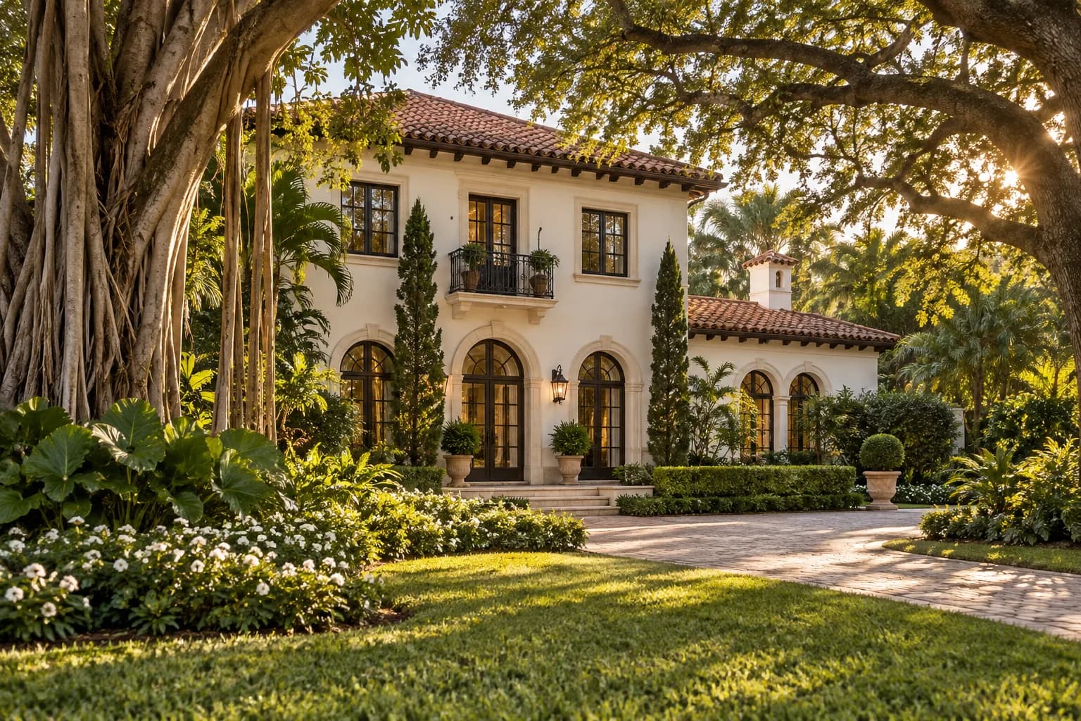 A Mediterranean Revival home in Coral Gables with a barrel tile roof and French windows