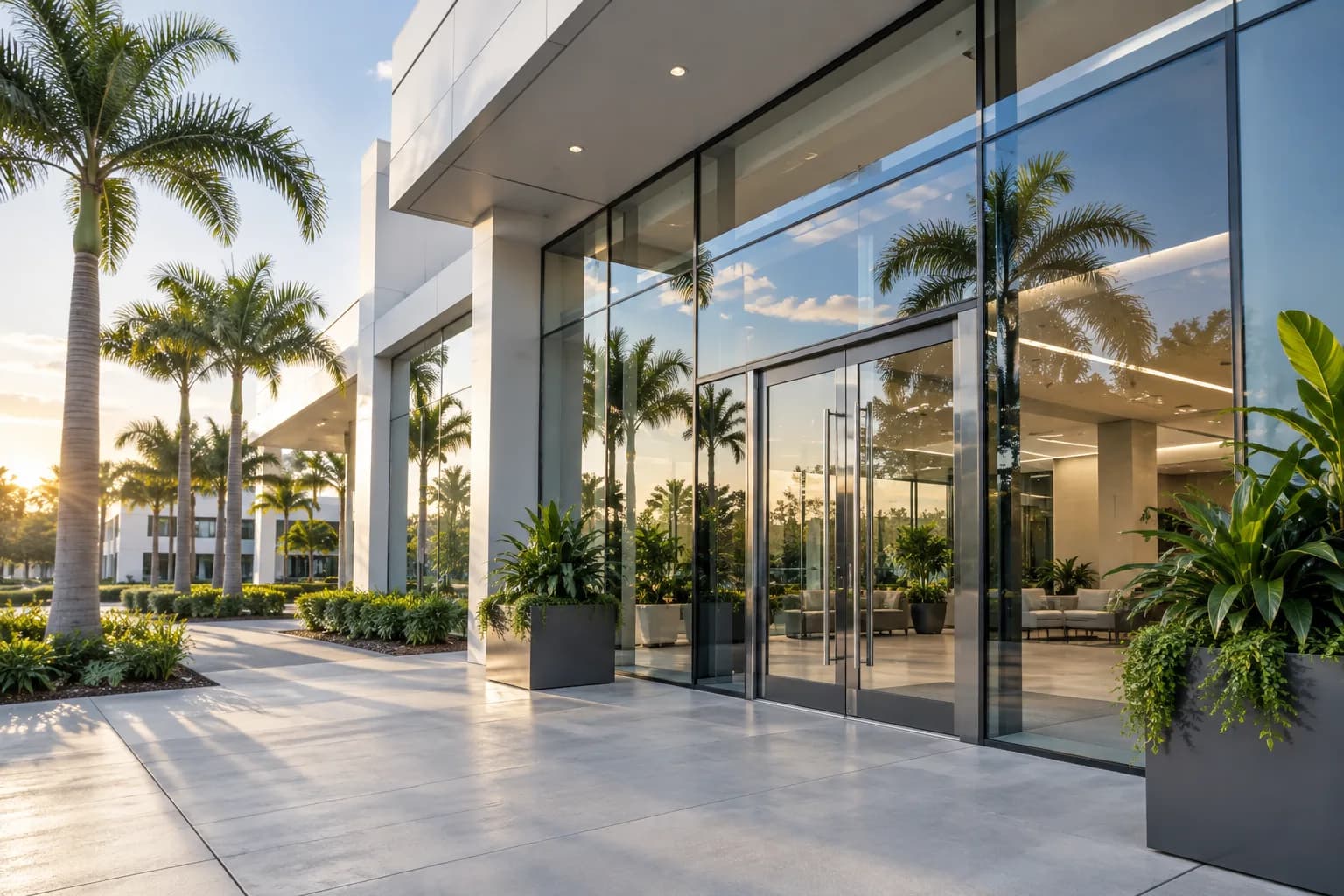 A modern office building in Doral with a clean glass entrance