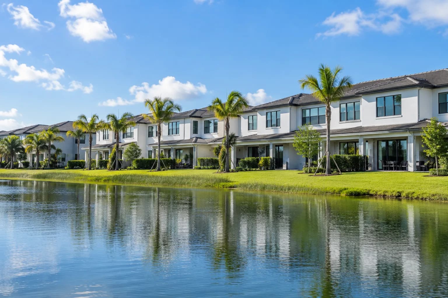 A row of townhomes in Hialeah Gardens with clean second-floor windows