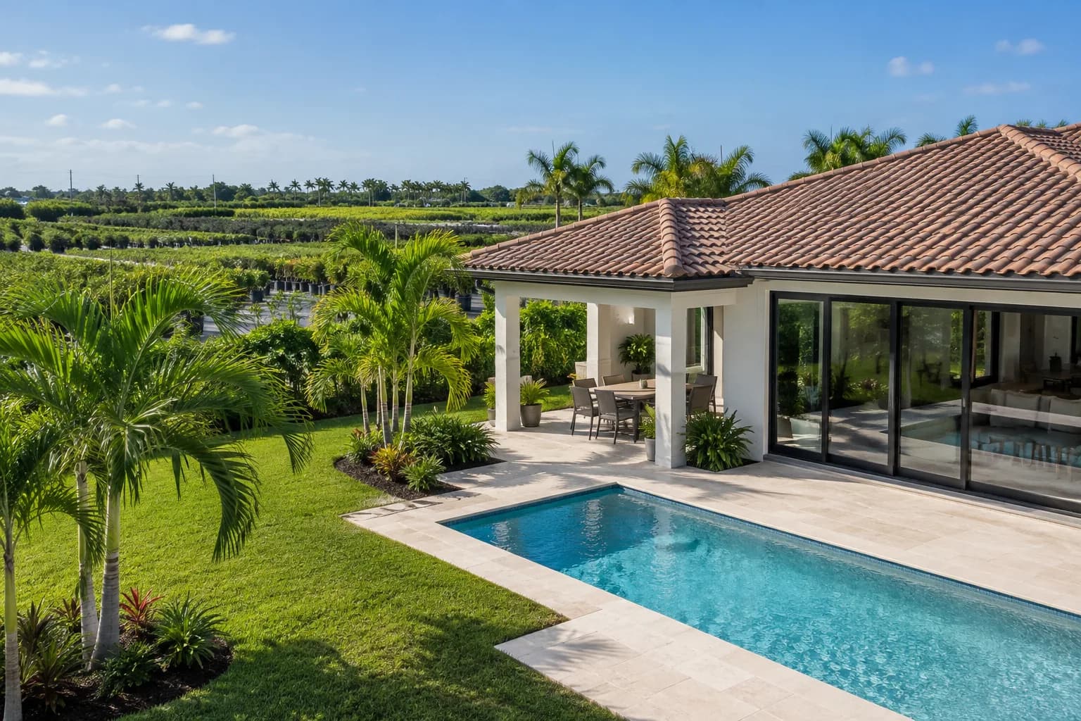 A newer Homestead home with a tile roof and large sliding doors