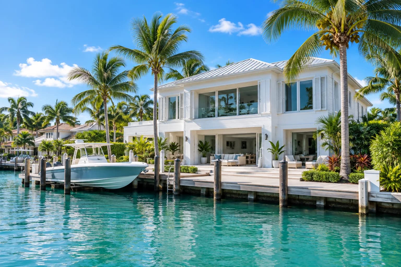A Key Biscayne home on a bay-side canal with a boat and clean windows
