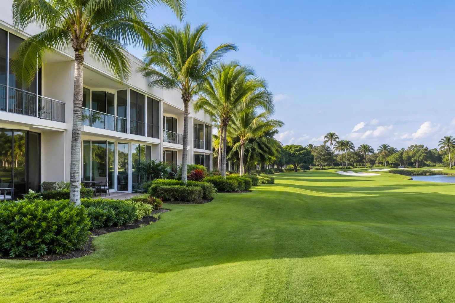 A Lauderhill condo building beside a golf course fairway