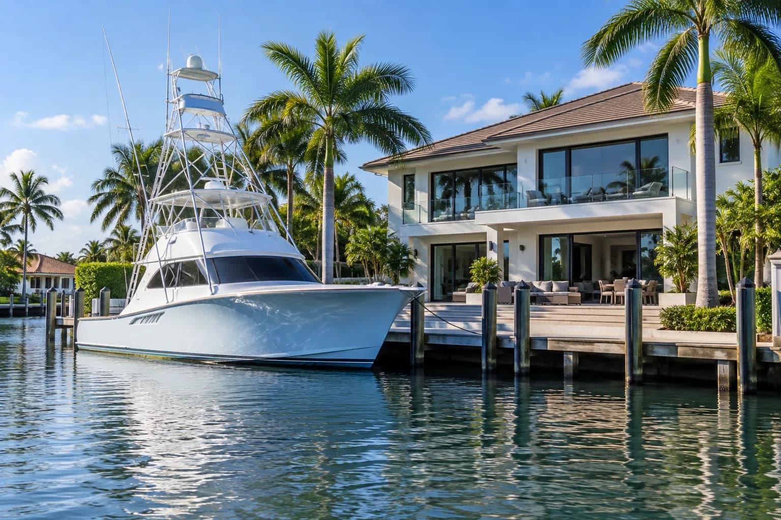 A Lighthouse Point canal home with a sportfishing boat at the dock