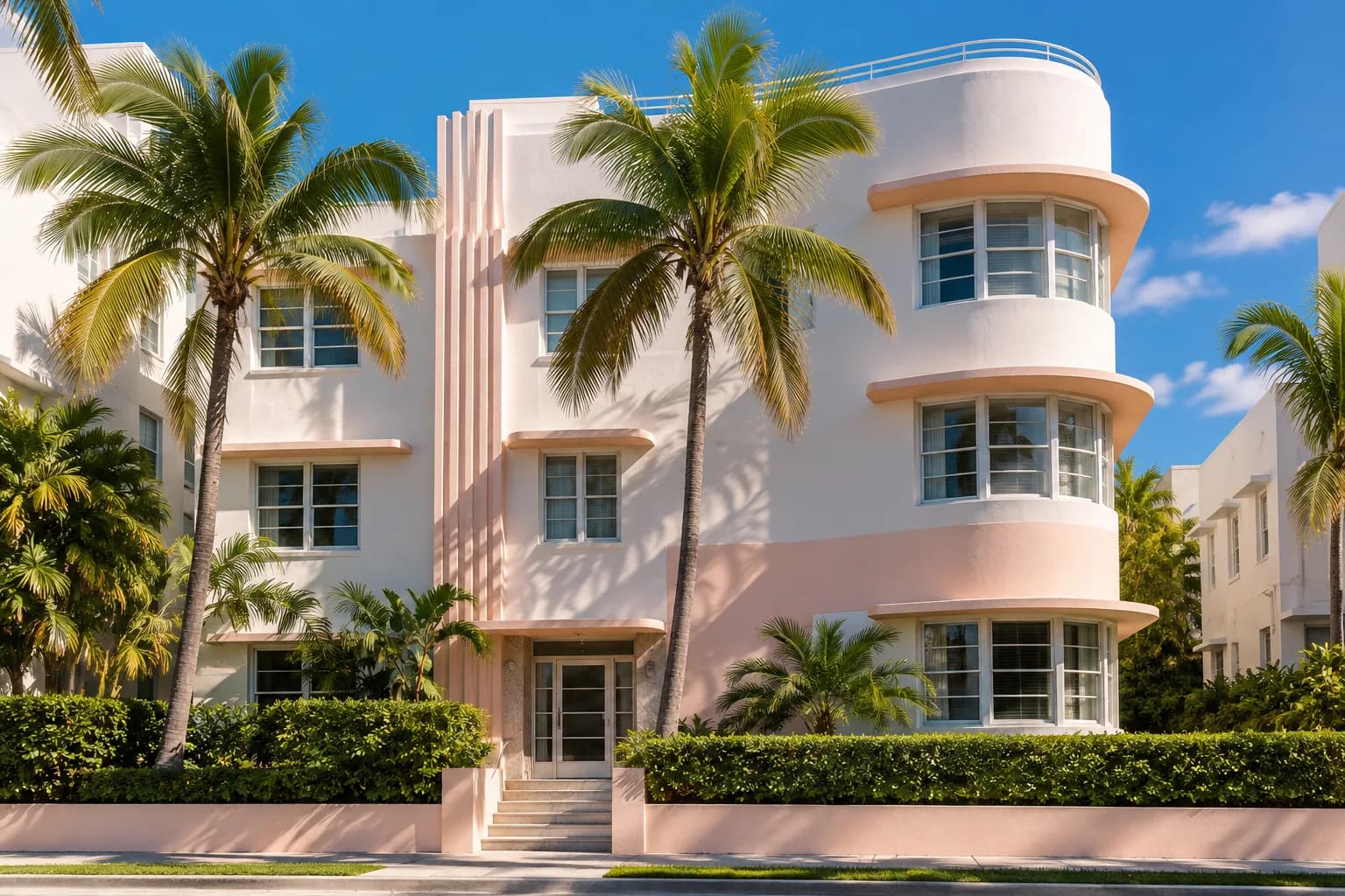 A pastel Art Deco building in Miami Beach with clean windows
