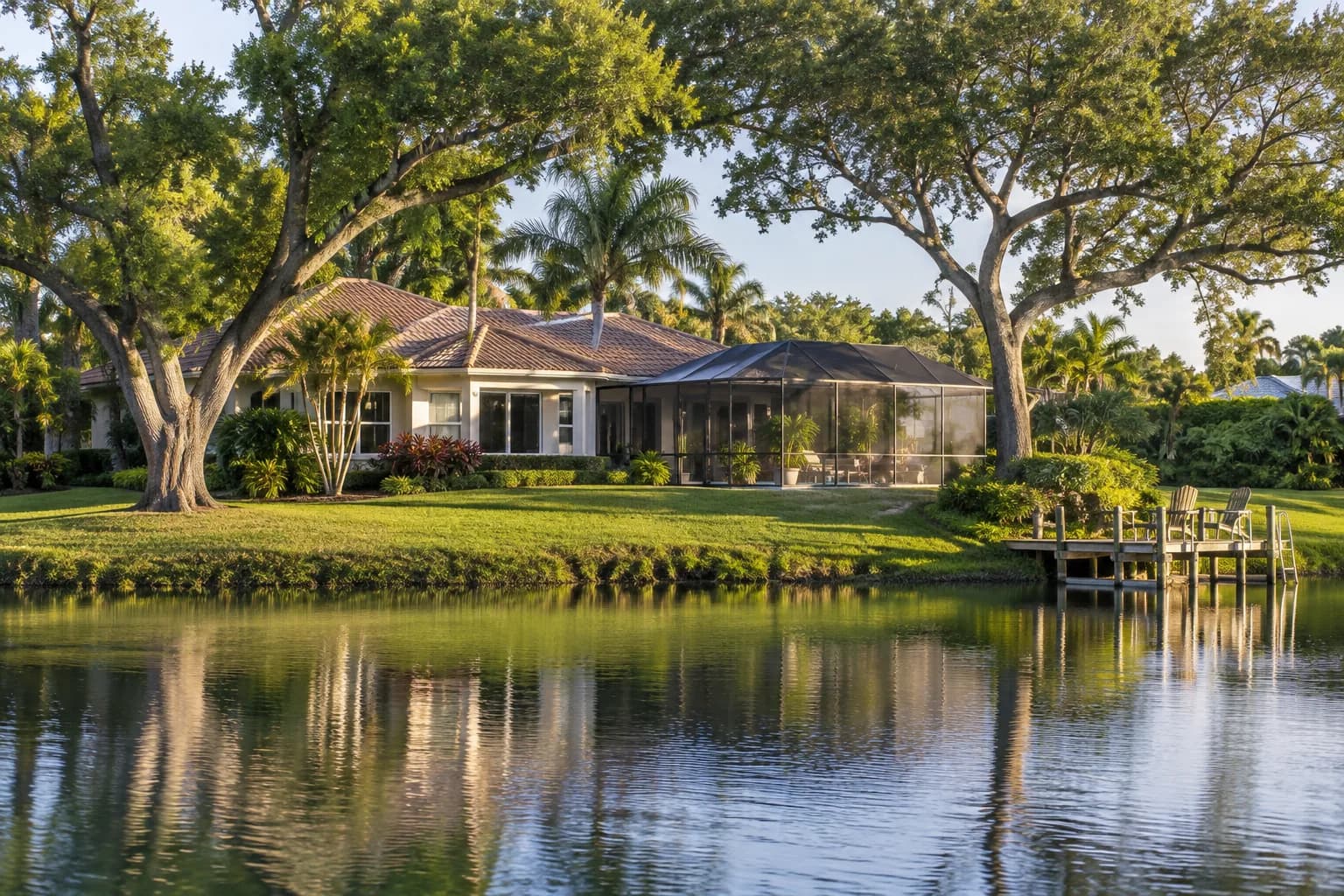 A Miami Lakes home on a lake under mature shade trees