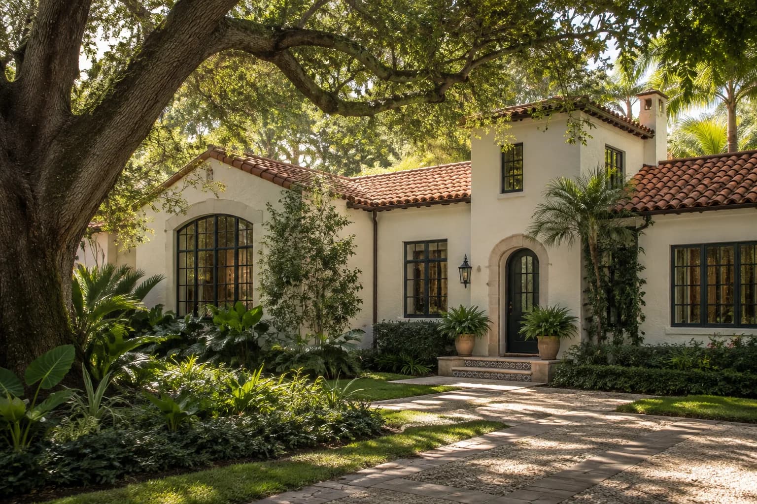 A 1930s Miami Shores home with casement windows under large trees