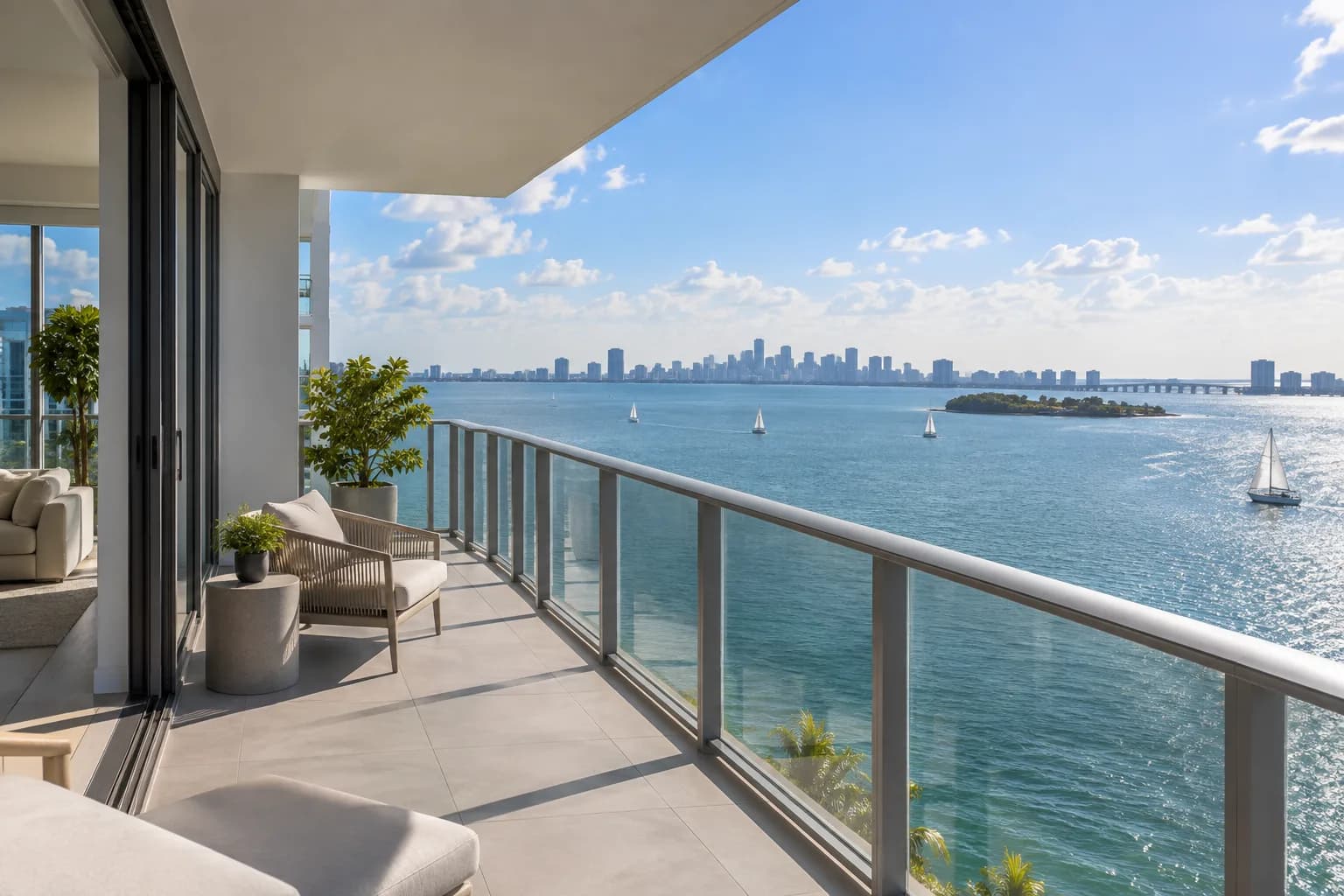 A condo balcony in North Bay Village overlooking Biscayne Bay