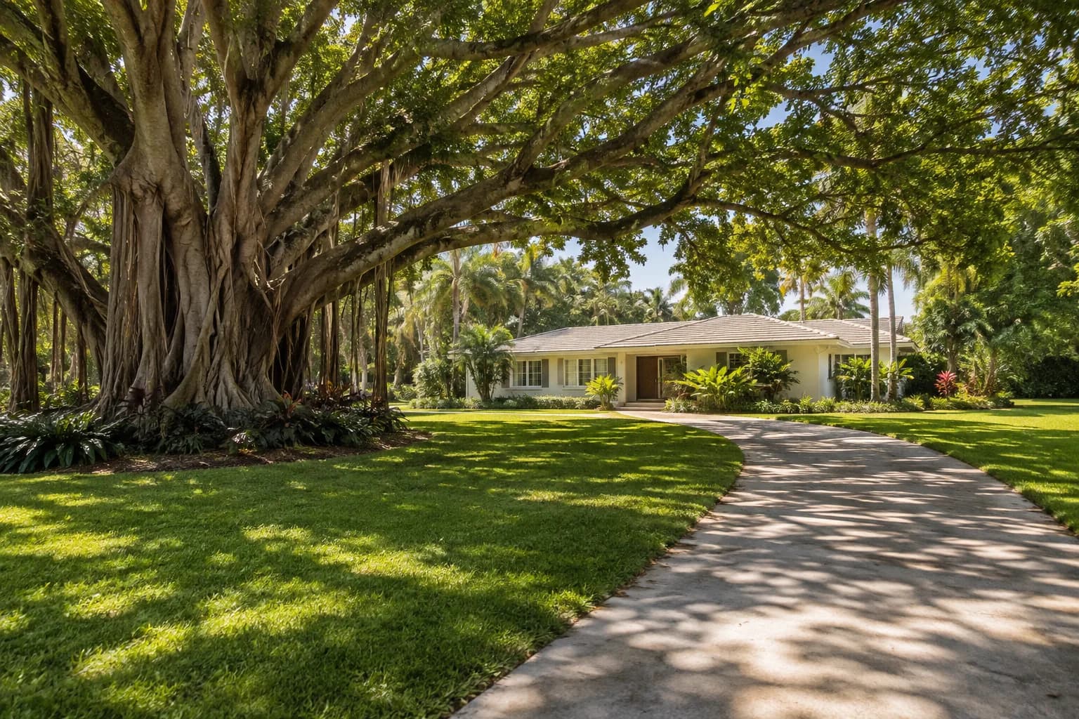 A Palmetto Bay home under a large banyan tree with clean windows