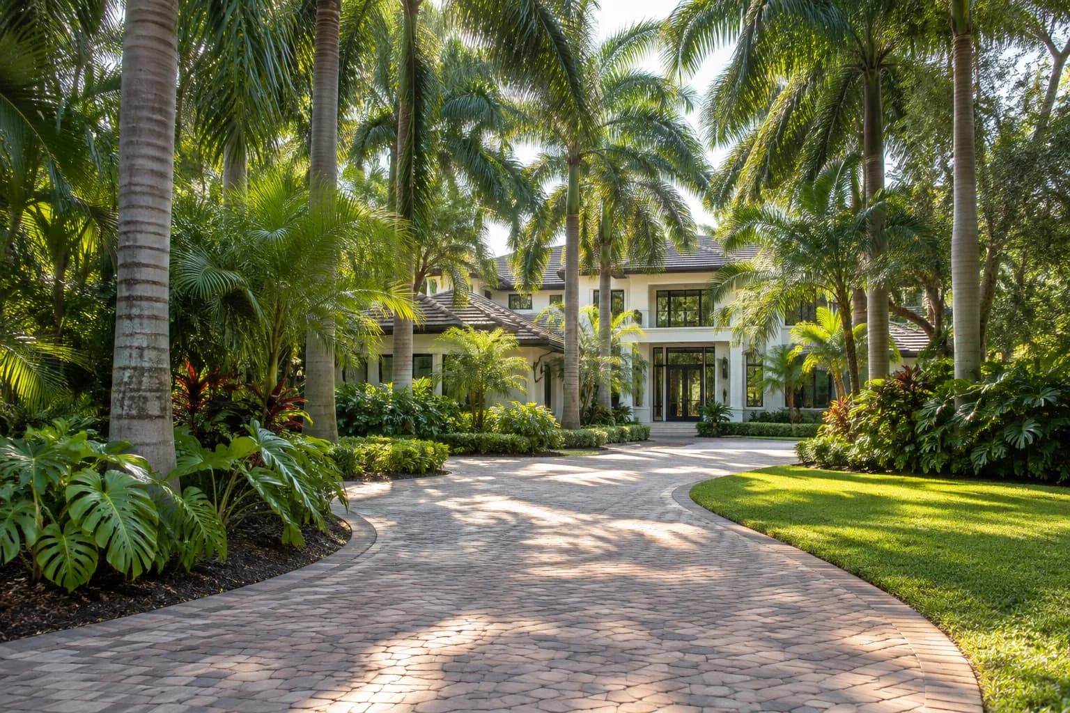 A large Pinecrest home set back behind tropical planting and a long driveway