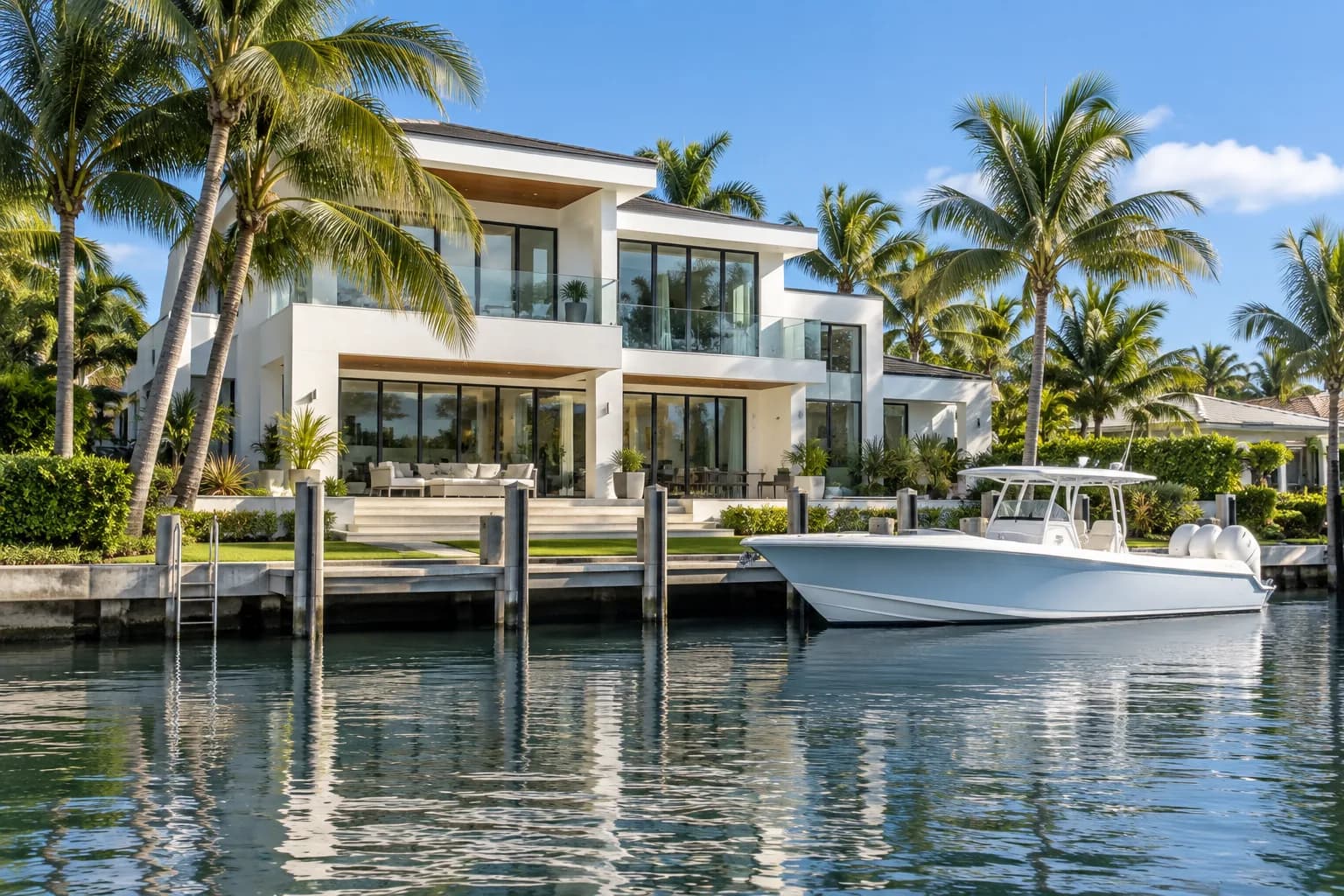 A Pompano Beach canal home with a boat at the dock and clean windows
