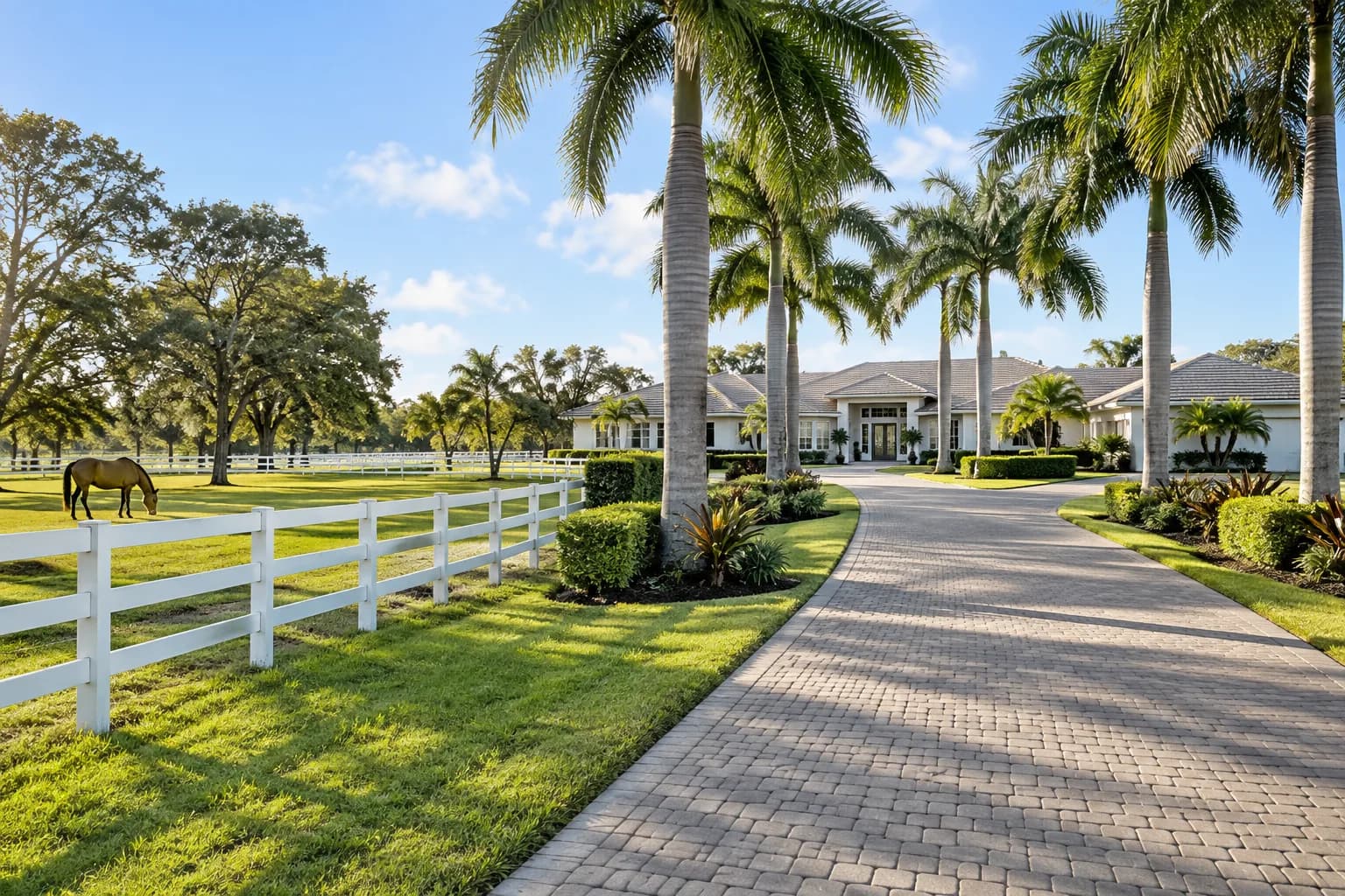 A ranch-style home in Southwest Ranches with a paddock and a long driveway