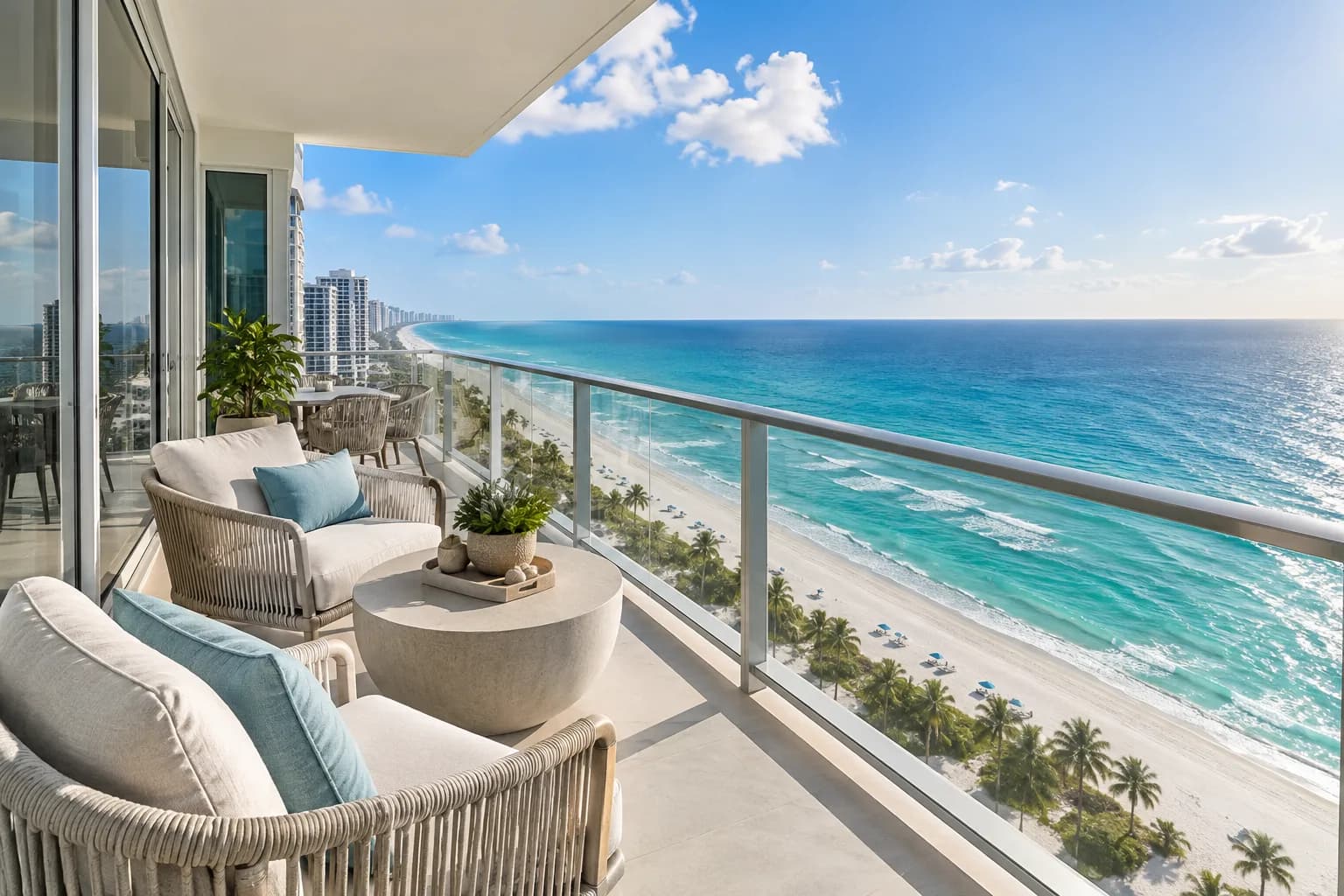 An oceanfront condo balcony in Sunny Isles Beach with clean glass railings