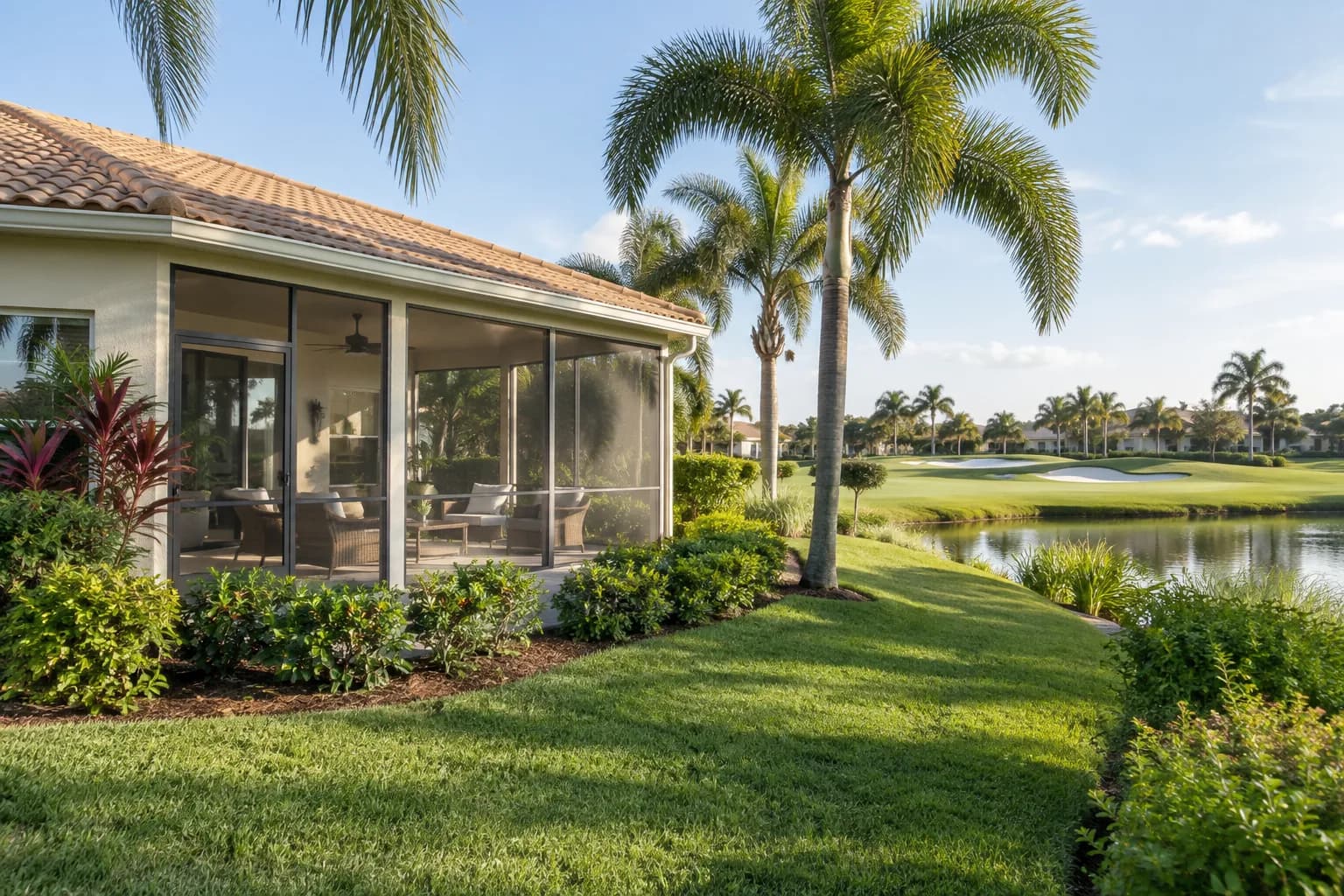 A Tamarac villa with a screened Florida room beside a golf course