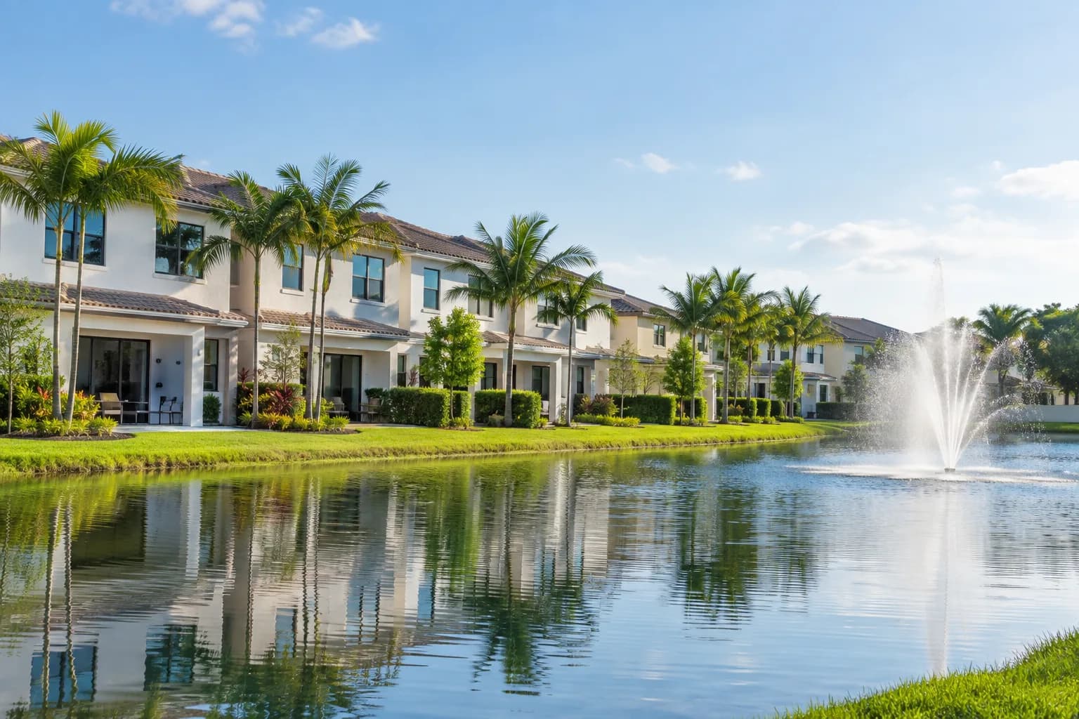 Townhomes in The Hammocks beside a lake with clean windows