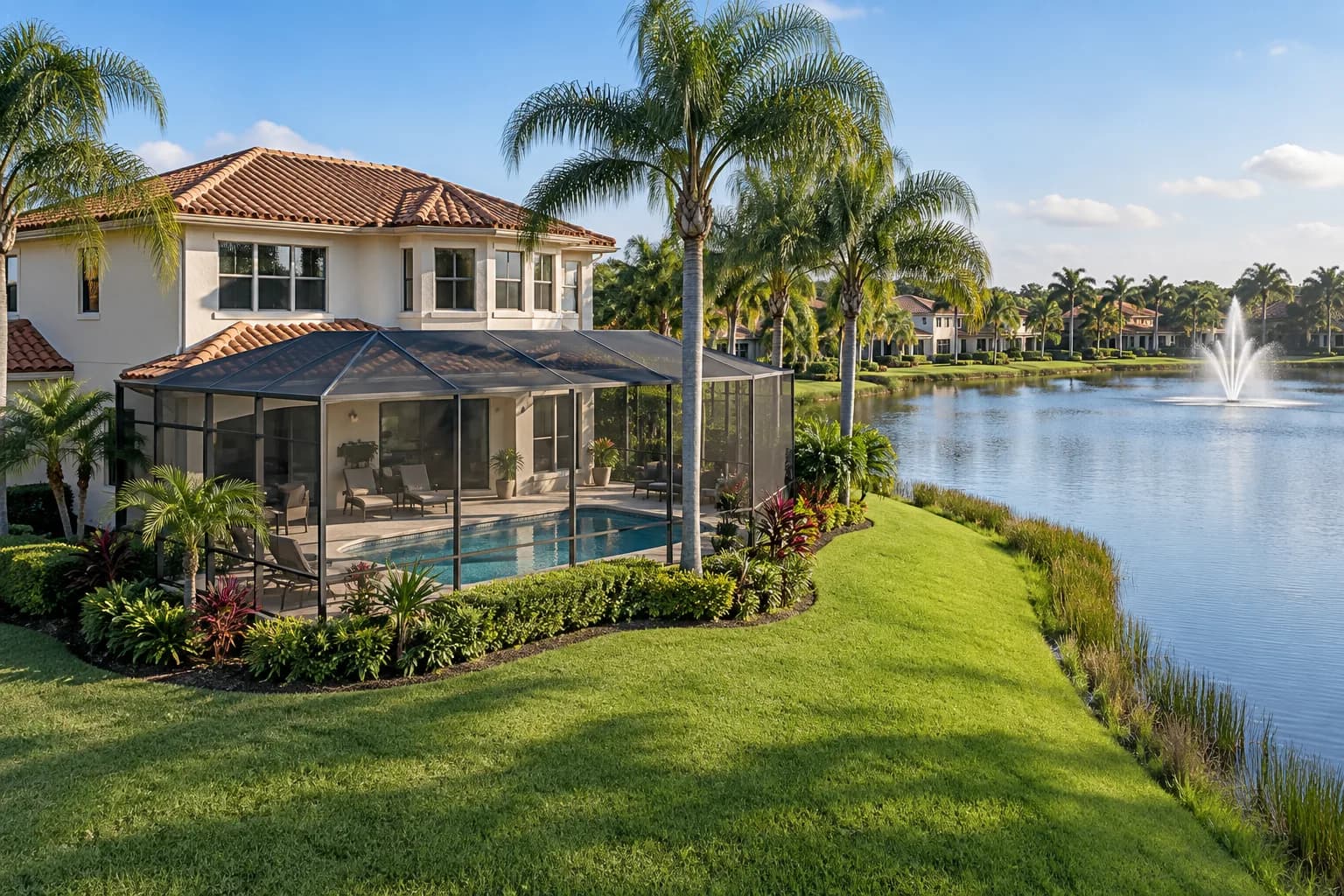 A Weston home with a tile roof and a screened pool enclosure beside a lake