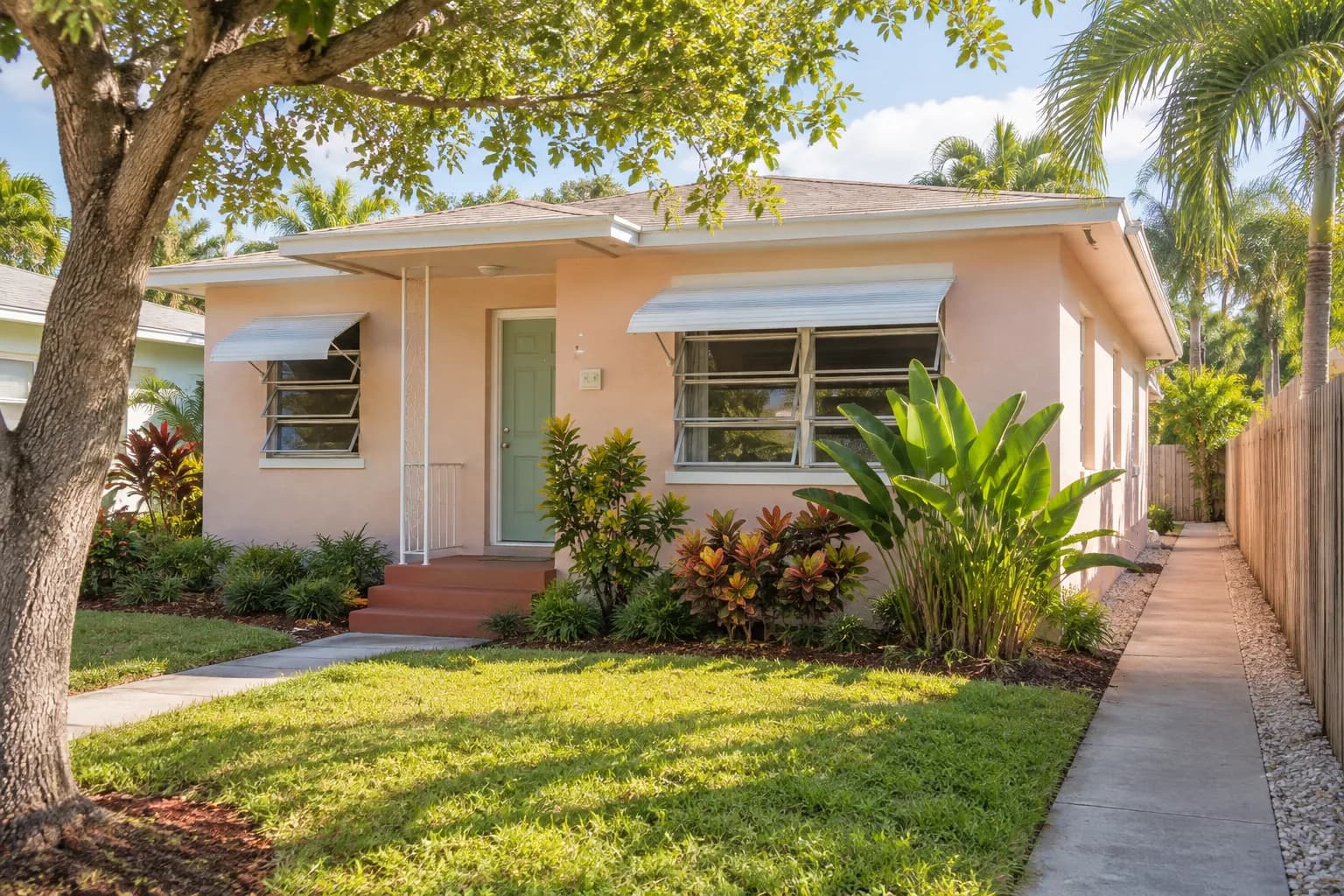 An older single-story Wilton Manors home with awning windows and a shaded yard