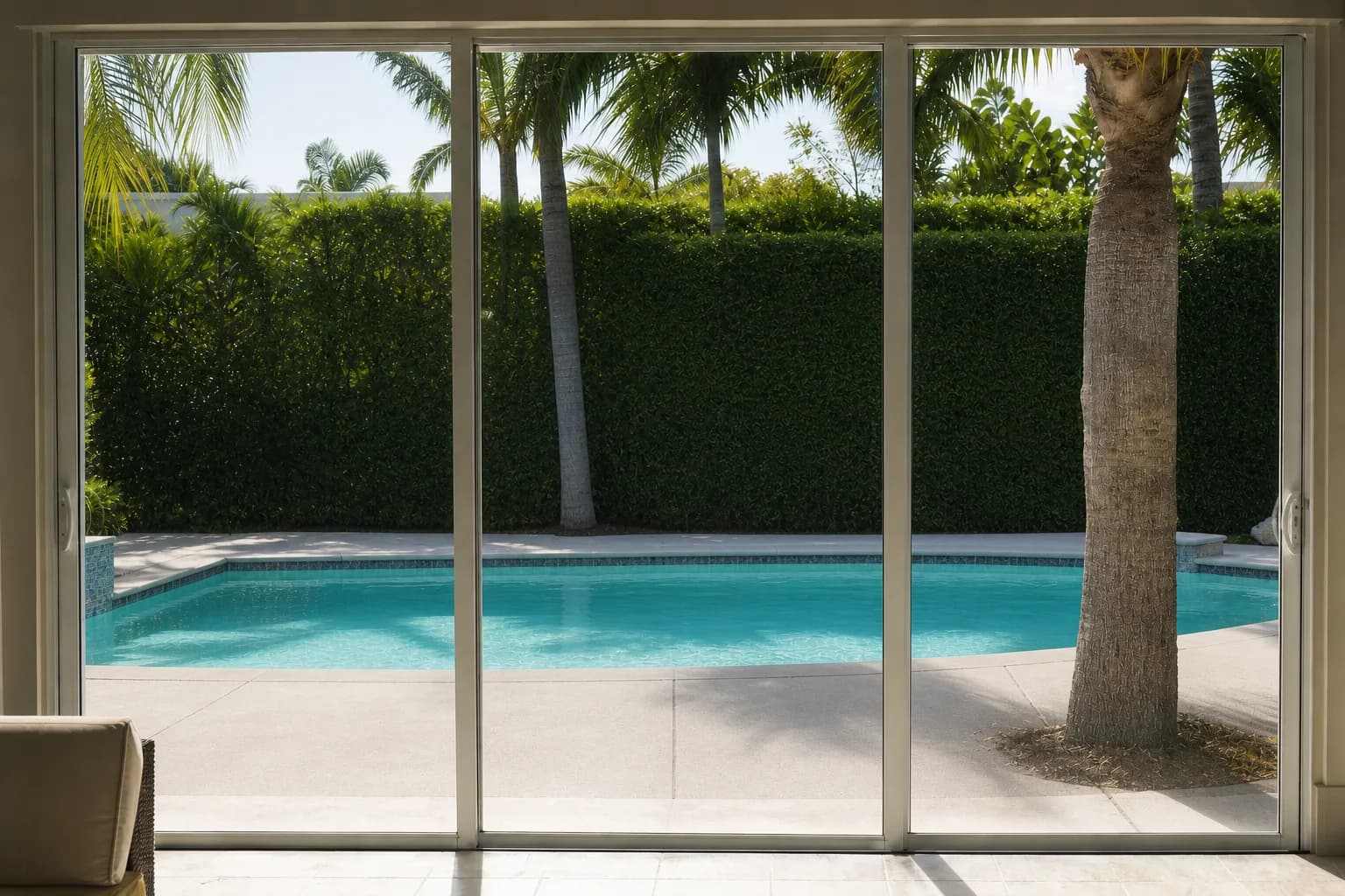 The same patio sliding doors clear after hard water treatment