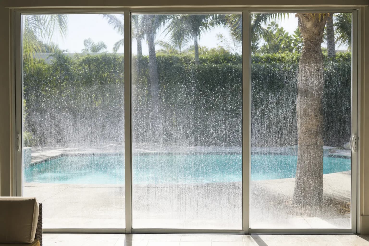 Patio sliding doors clouded with hard water mineral spotting