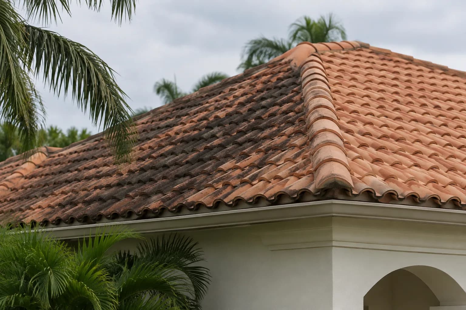A terracotta barrel tile roof on a South Florida home, seen from below the eaves