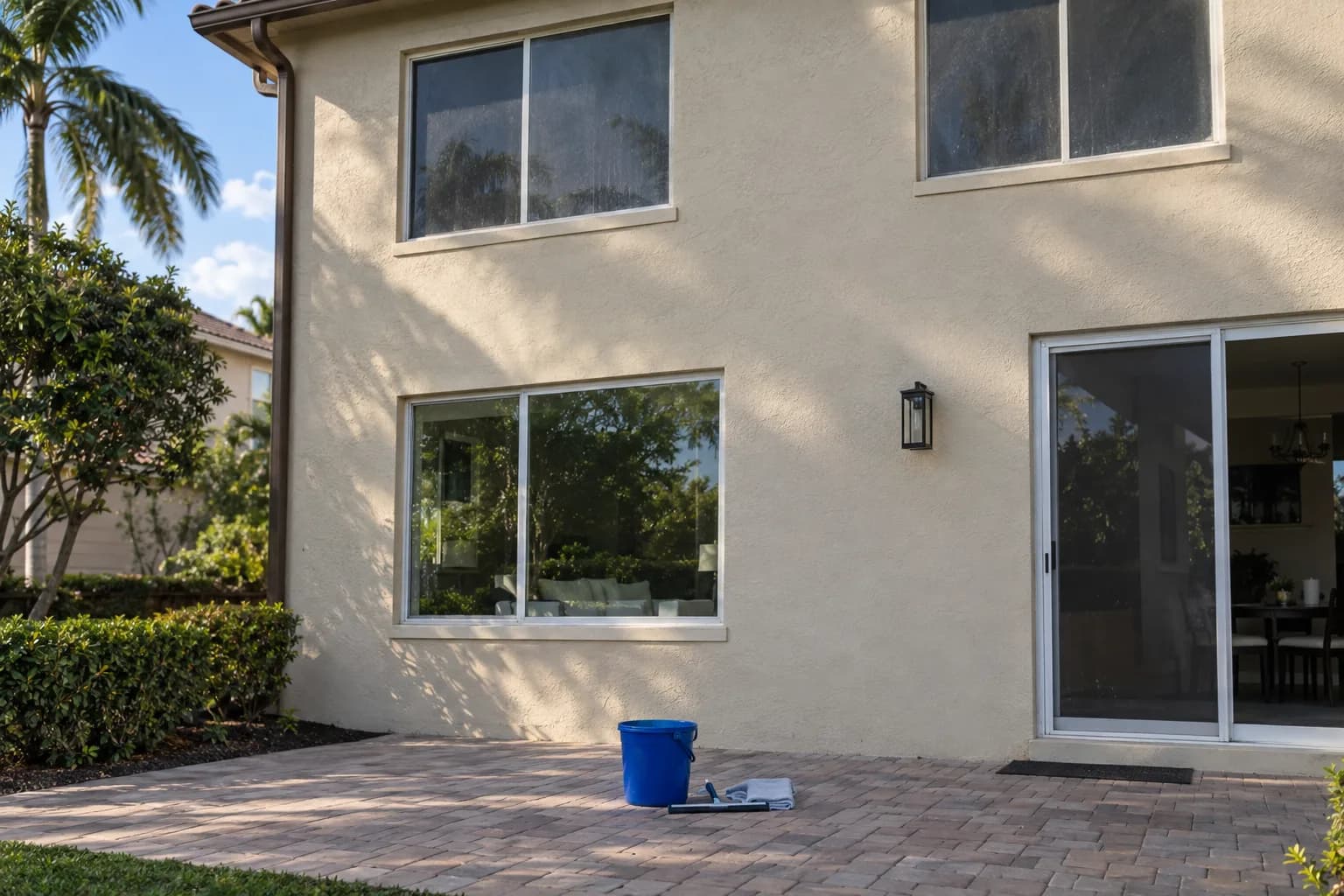 A bucket and squeegee on the patio below a cleaned ground-floor window, with the upper windows still dusty