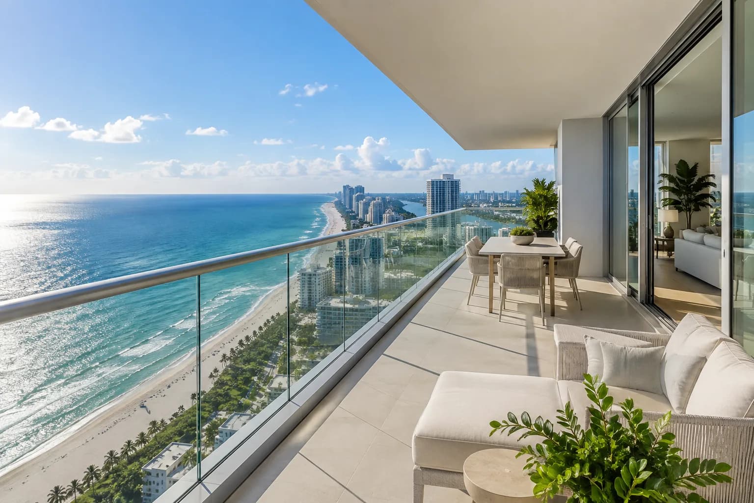 A high-floor condo balcony with clean sliding doors and glass railings over the water