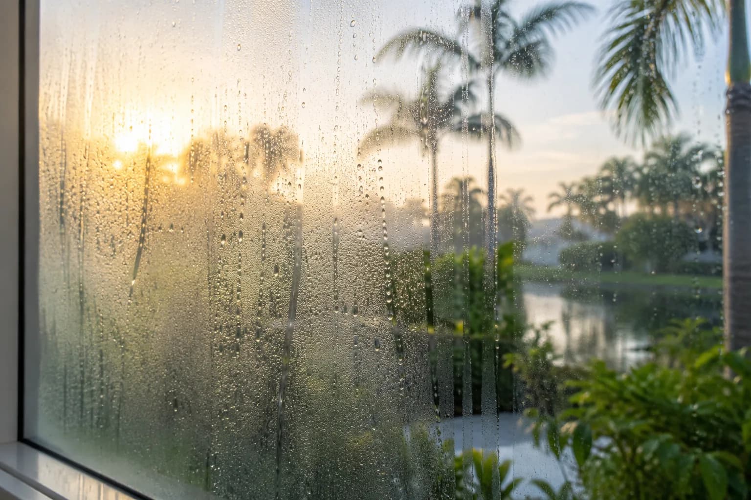 Morning condensation on the outside of a window with palms behind