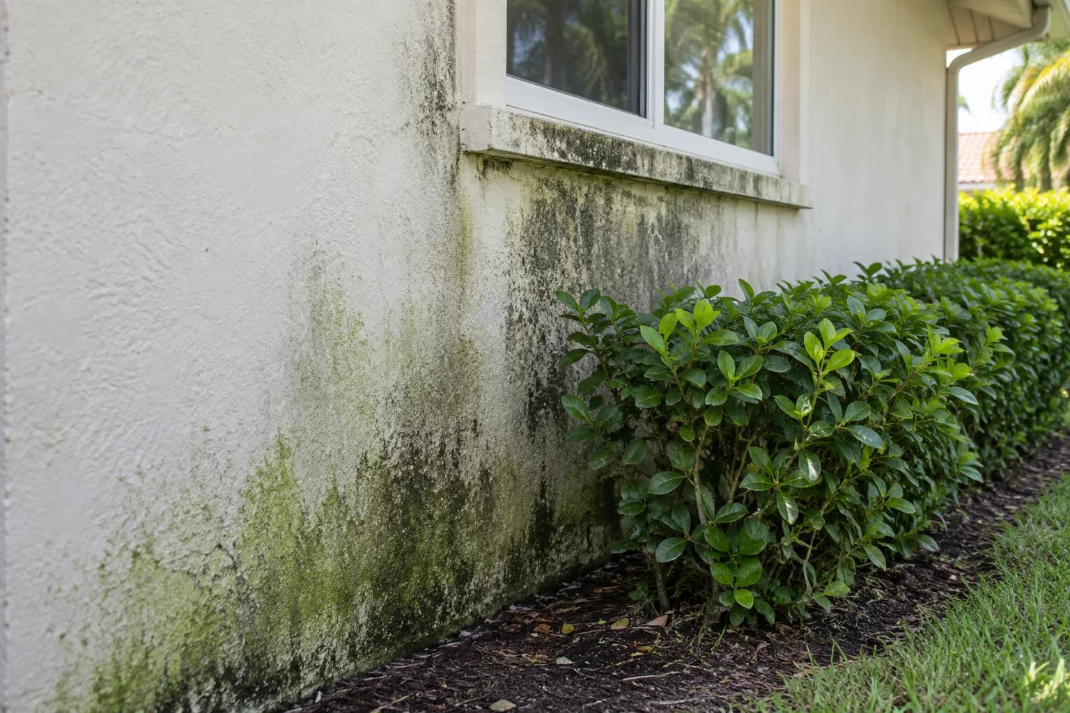 A shaded stucco wall with green and black staining near the ground