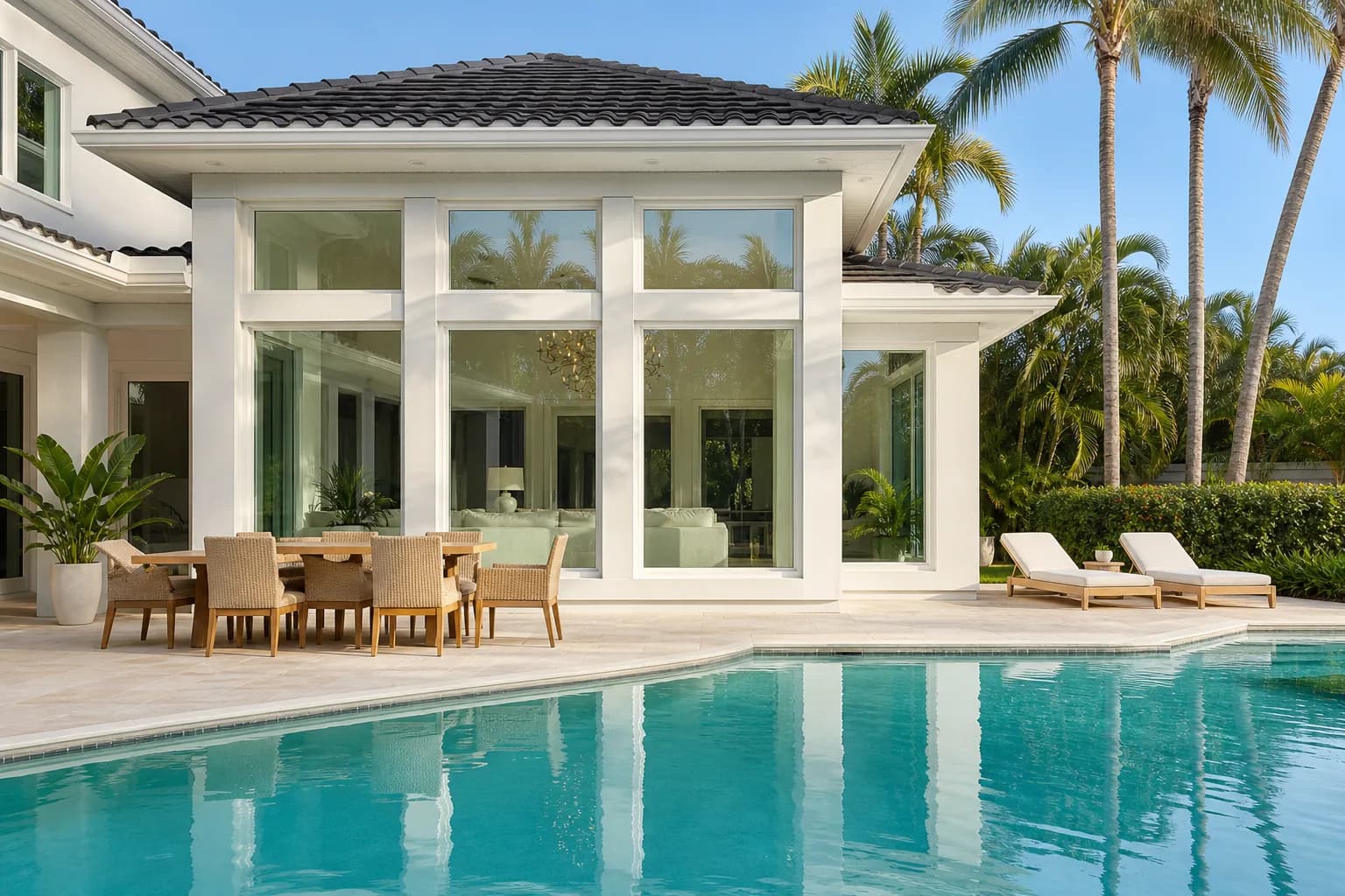 South Florida home with clean windows facing a pool