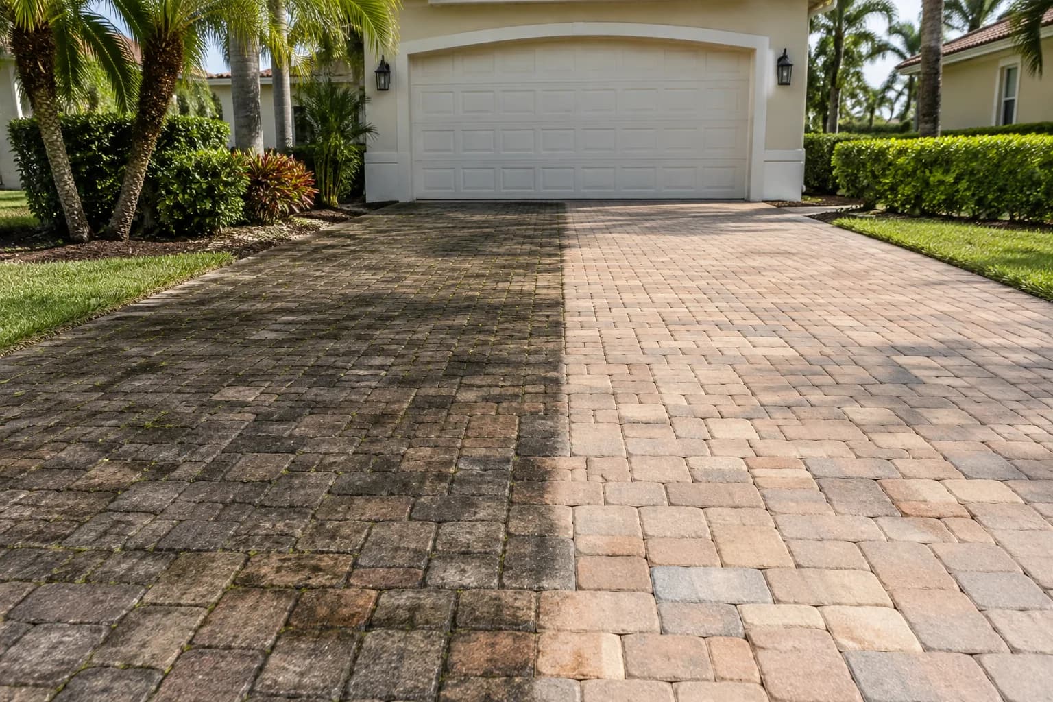 A paver driveway half pressure washed, clean on one side and dark on the other