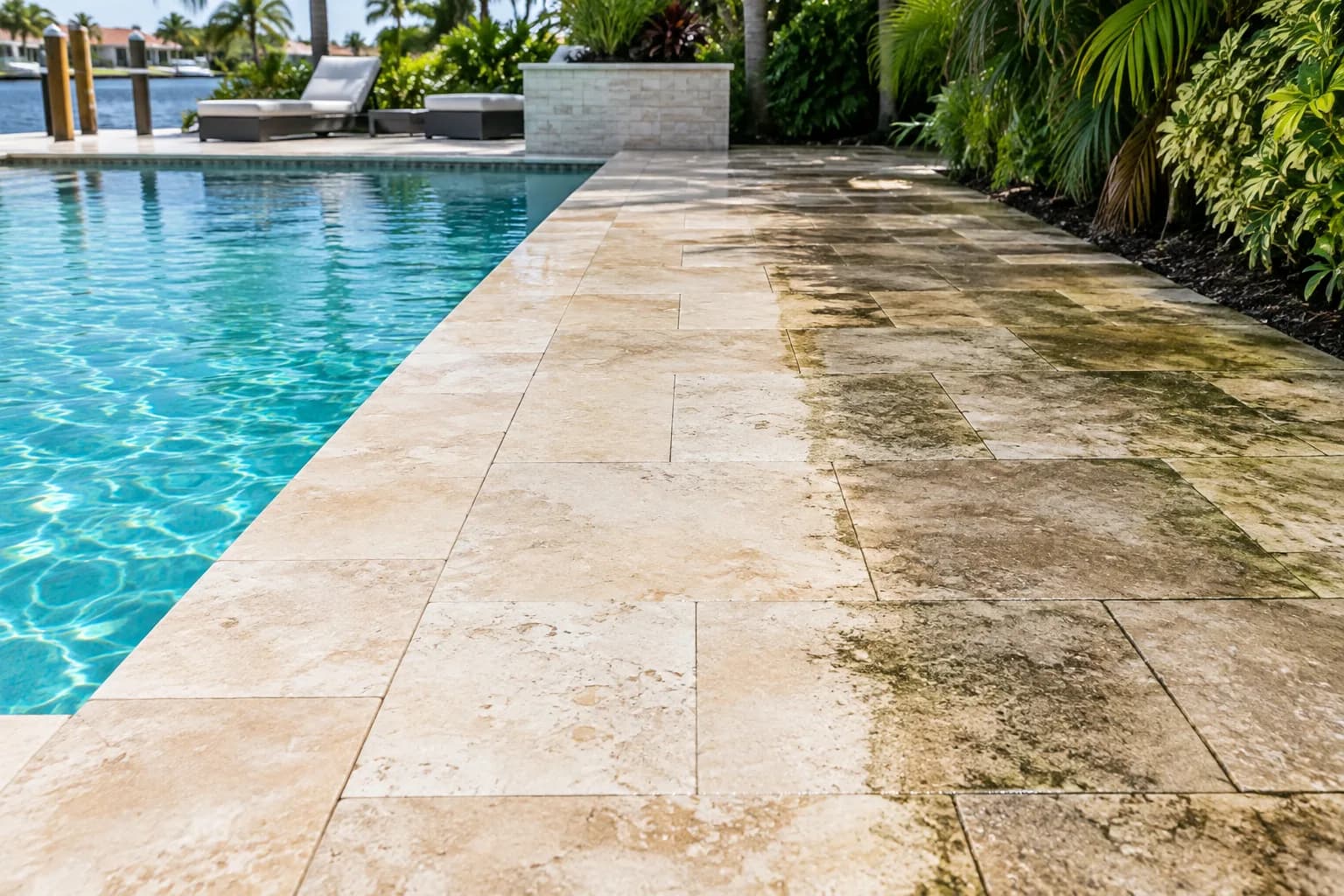 A travertine pool deck being cleaned beside a turquoise pool