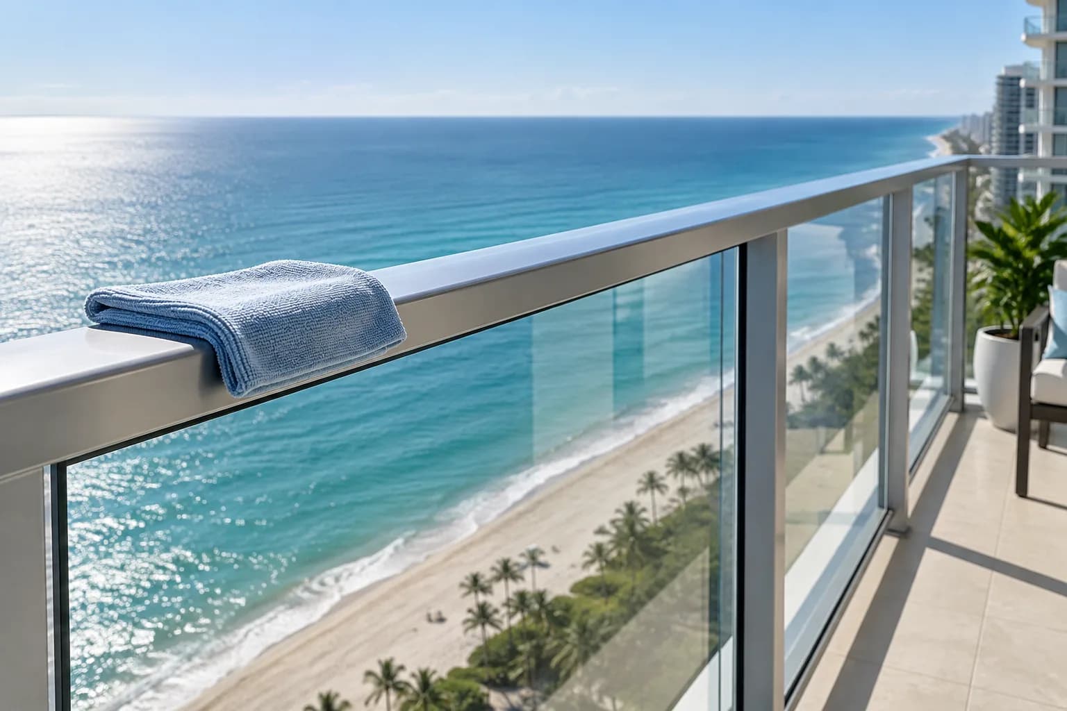 Clean glass balcony railings on a high floor overlooking the ocean