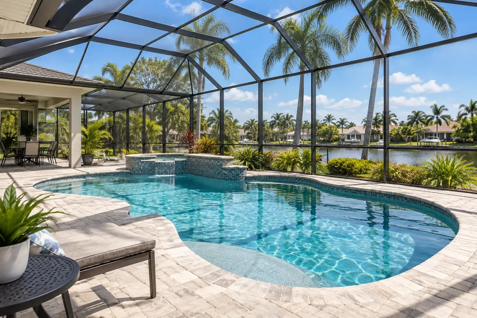A screened pool enclosure behind a South Florida home, clean and clear
