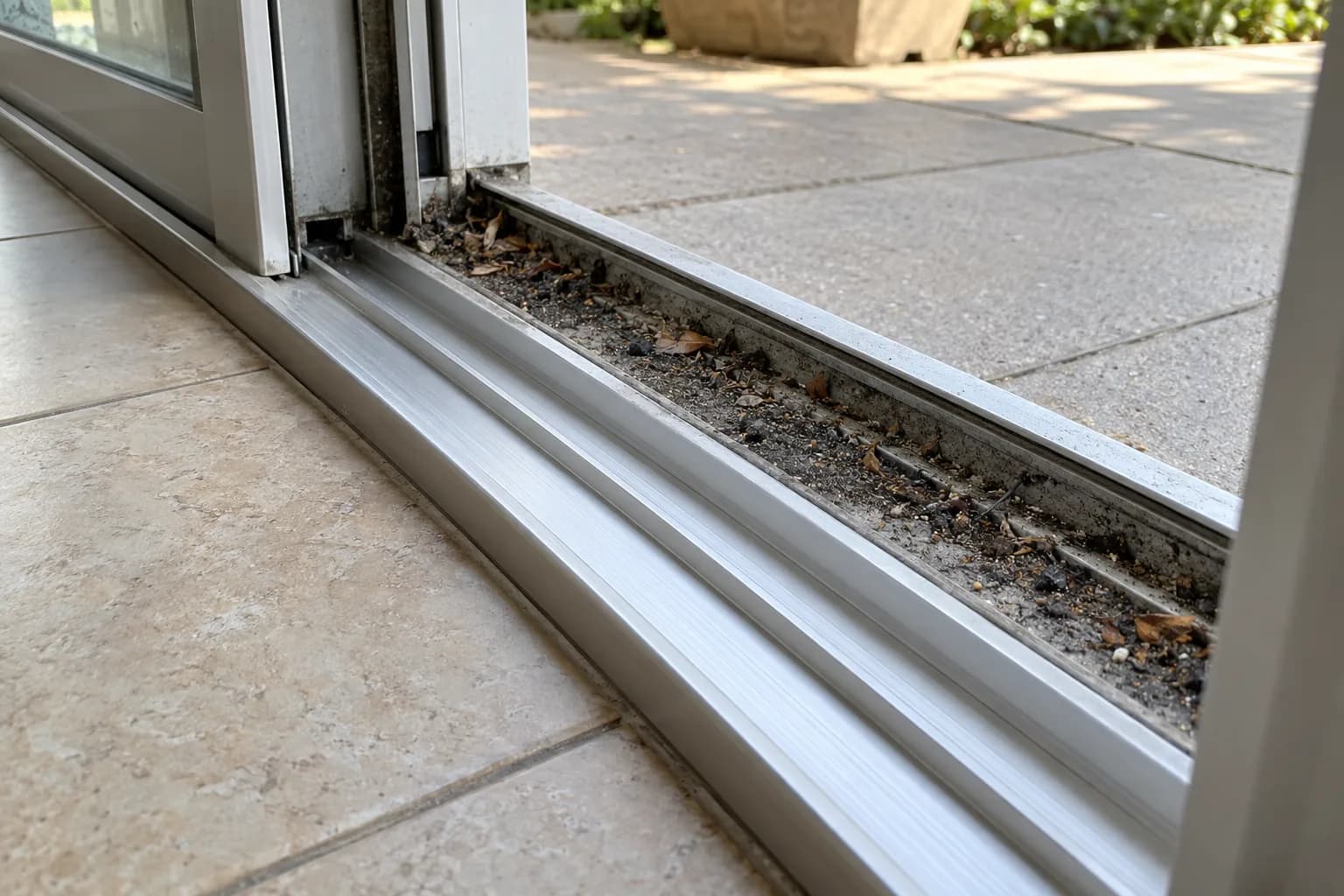 A sliding door track half cleaned, bare metal on one side and packed with sand and grime on the other