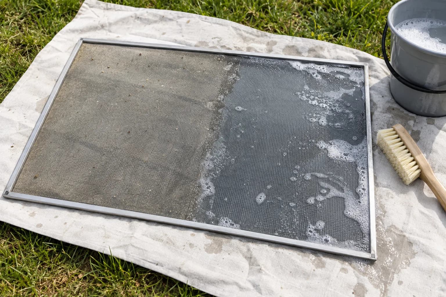 A window screen laid flat on a drop cloth, half washed, with a soft brush beside it