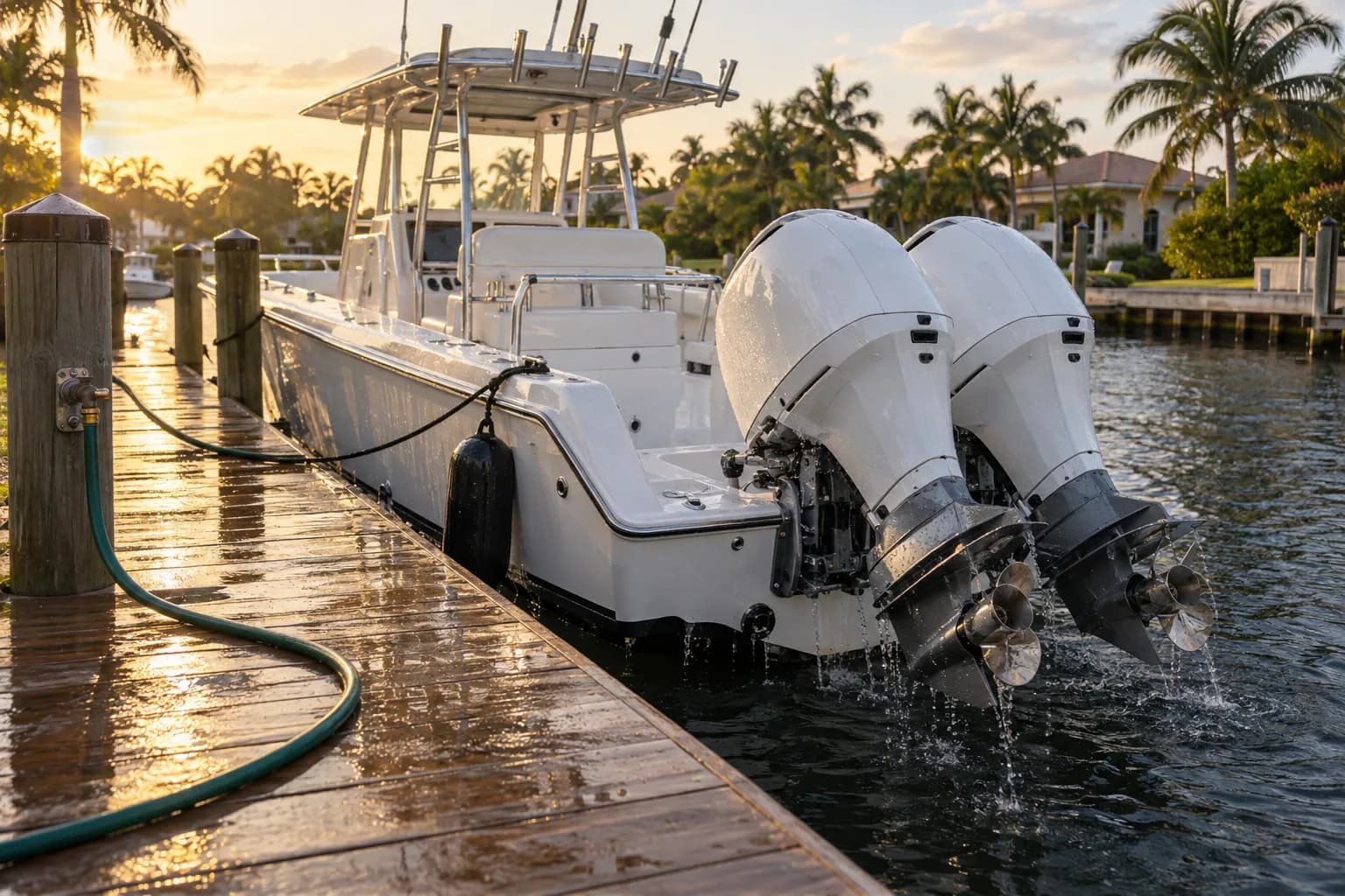 A center console boat at the dock, wet from a fresh water rinse