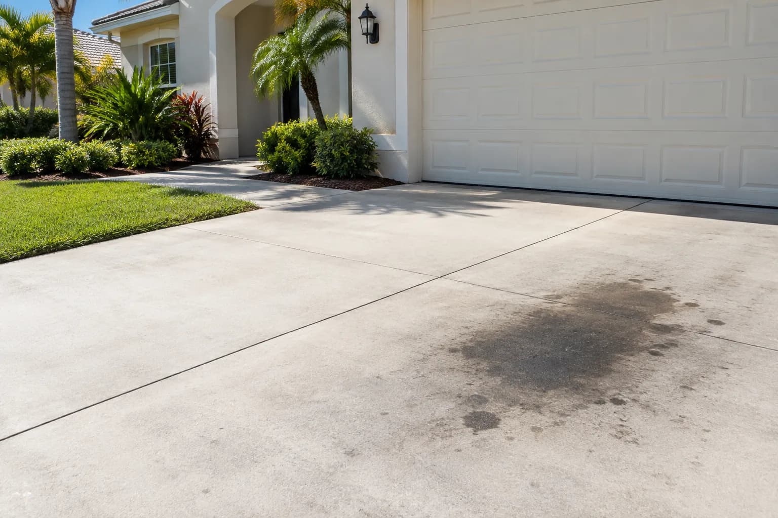 A concrete driveway with an oil stain beside a freshly cleaned section