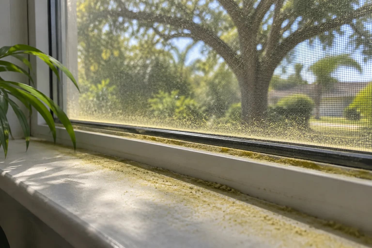 A yellow film of pollen on a window sill and screen in spring