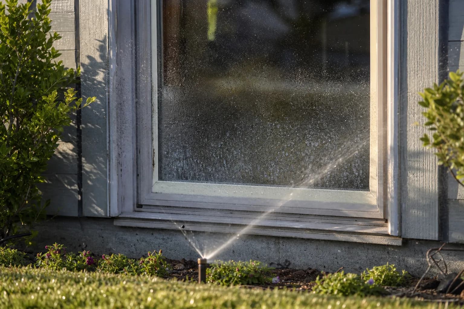 Hard water spotting on a pane of glass