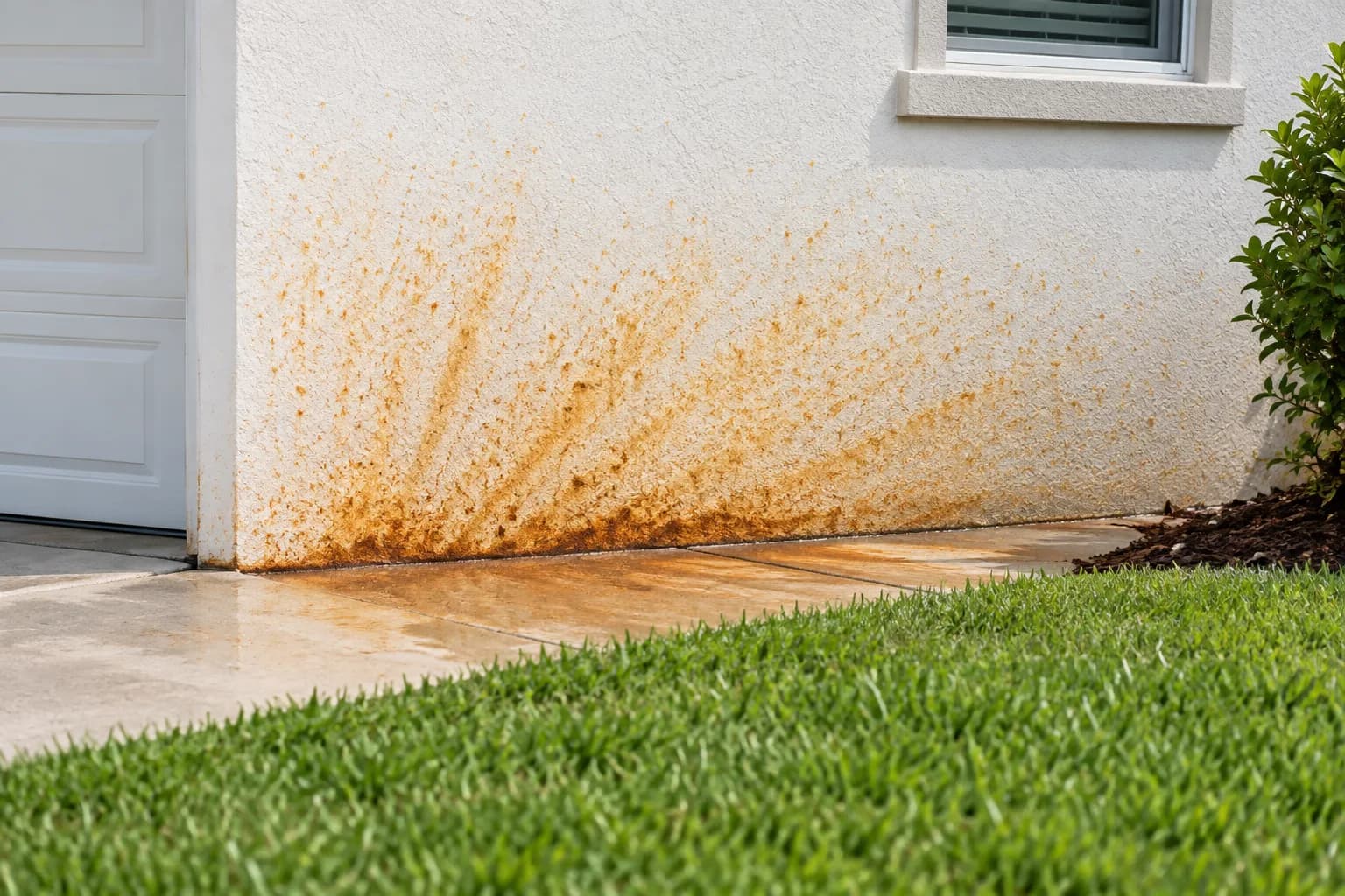 Orange rust staining from a sprinkler across a white wall and a driveway