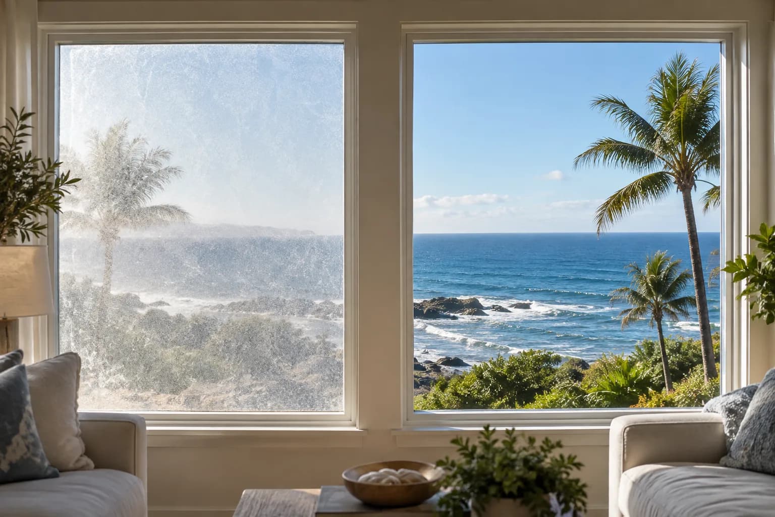 Oceanfront windows with a light salt haze on one pane and the next pane clean