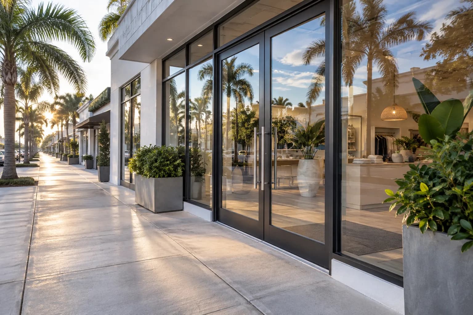 A clean storefront entrance early in the morning before opening