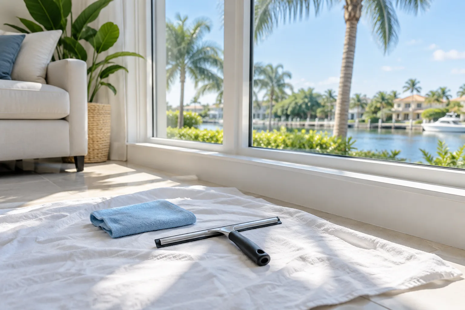 A drop cloth laid under a large window before interior cleaning
