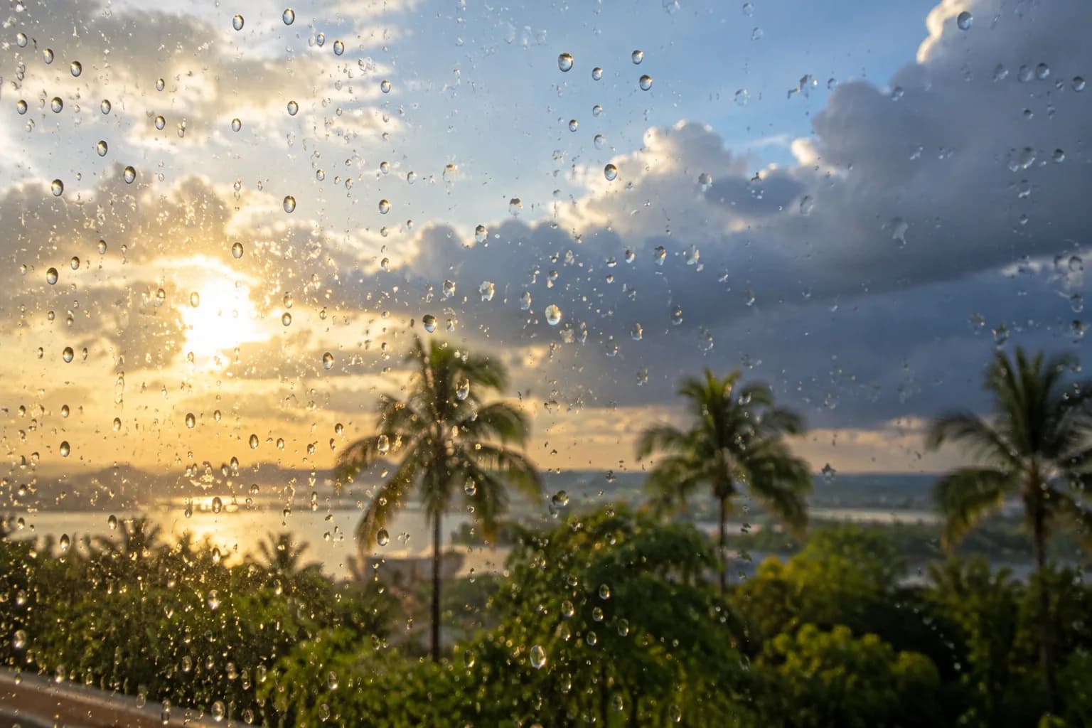 Raindrops drying into spots on a window after a summer storm