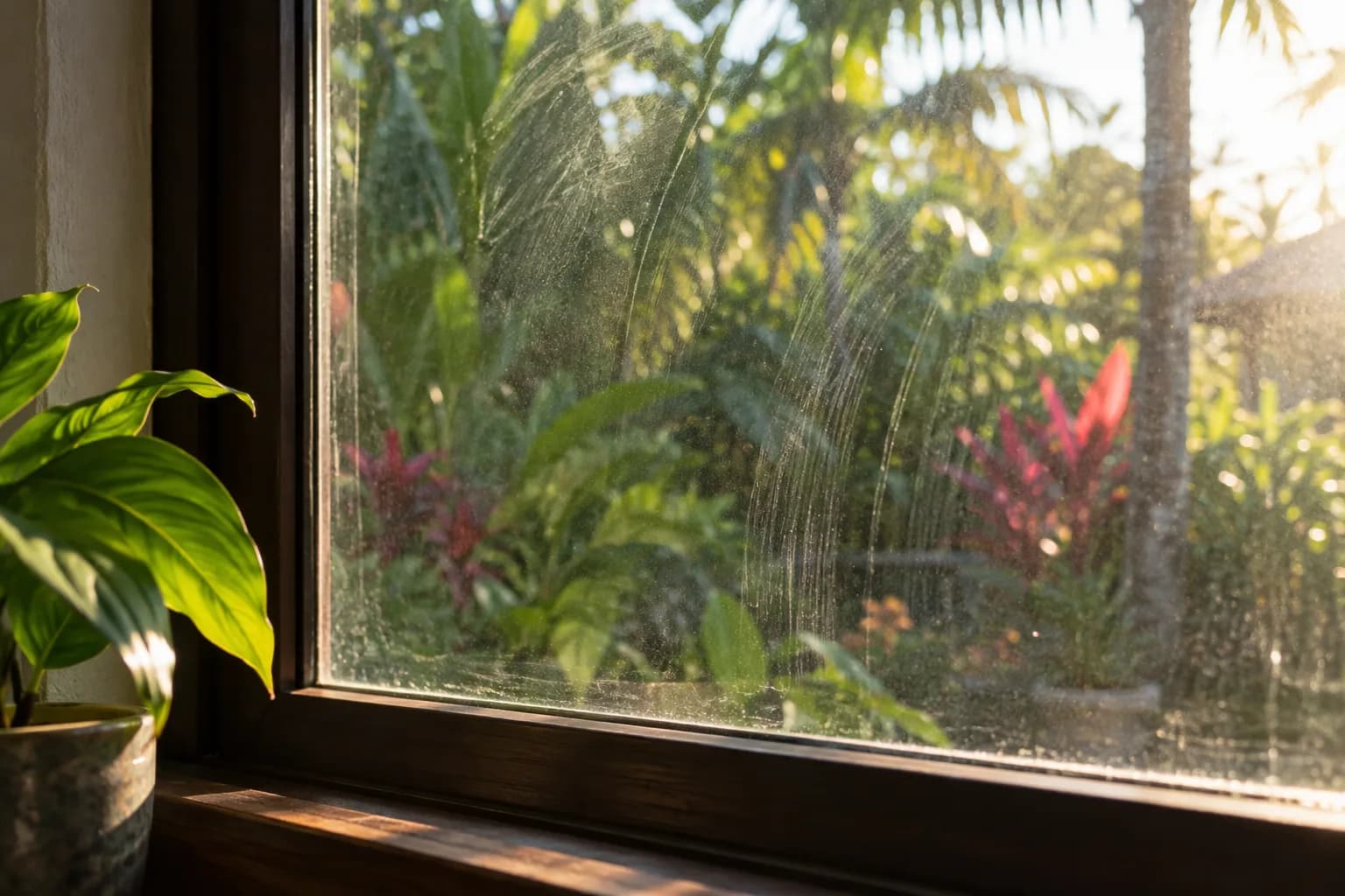 Sunlight showing streaks across a window pane after cleaning