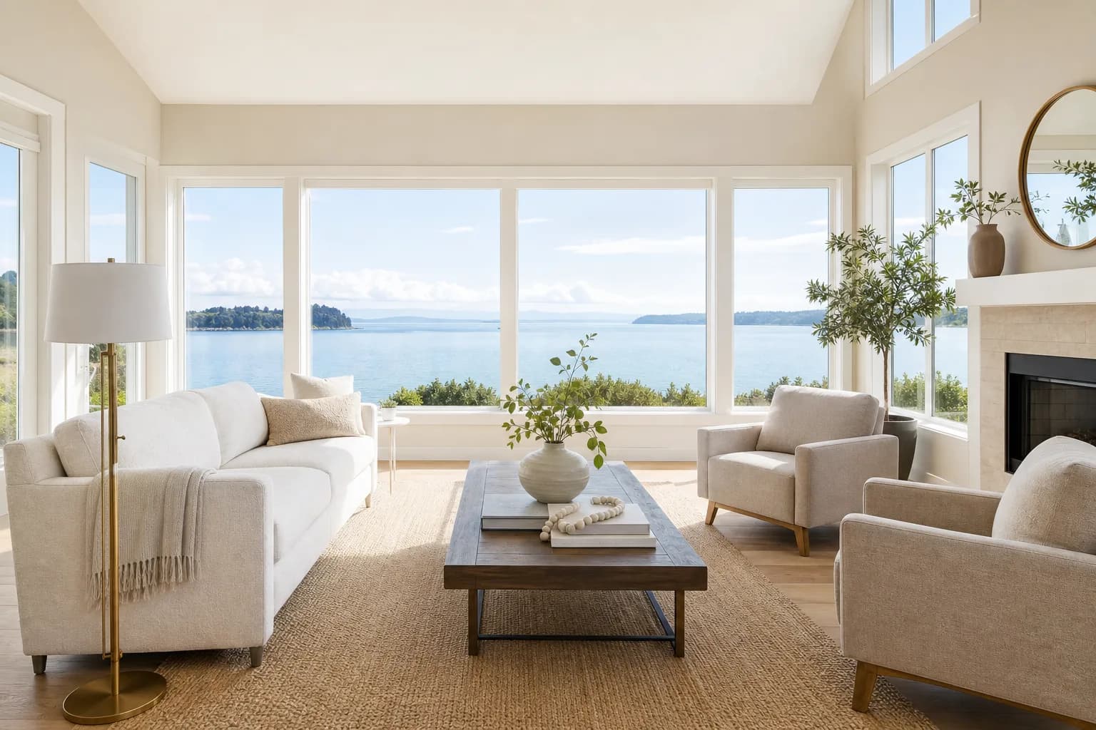 Bright living room with clean windows and a water view