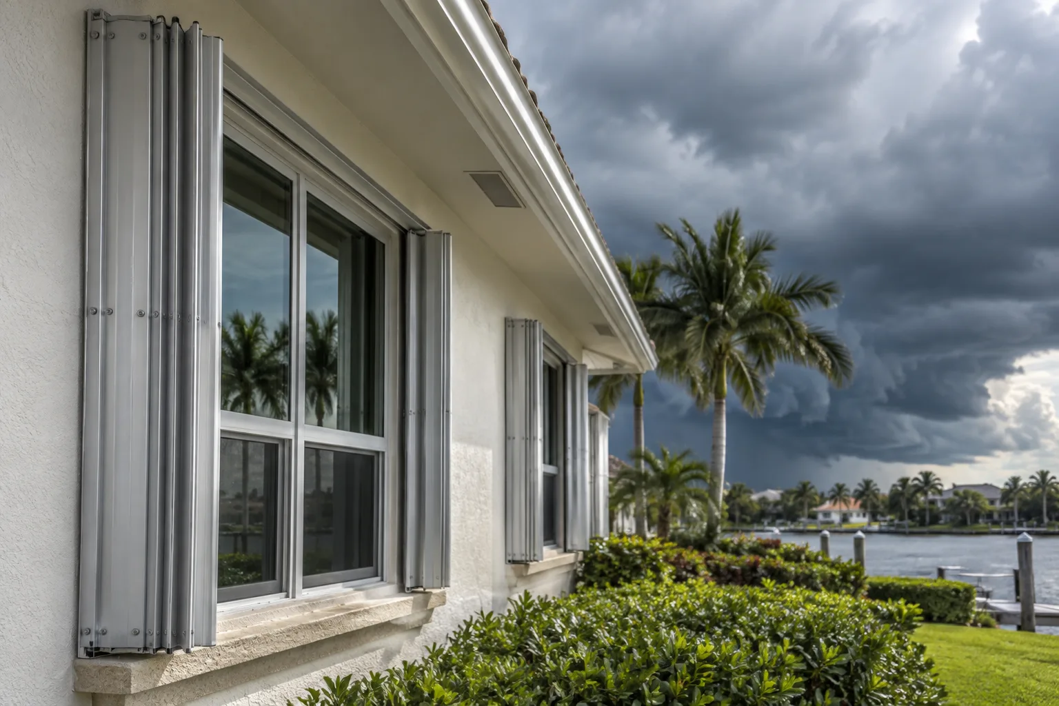 Storm shutters open beside clean windows on a Florida home as a storm builds