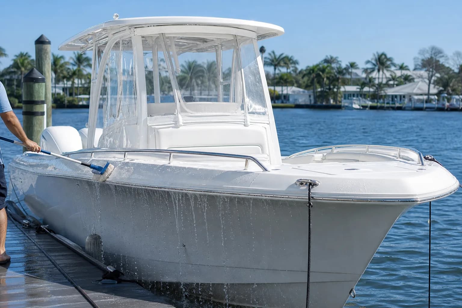 A boat being hand-washed at a South Florida dock